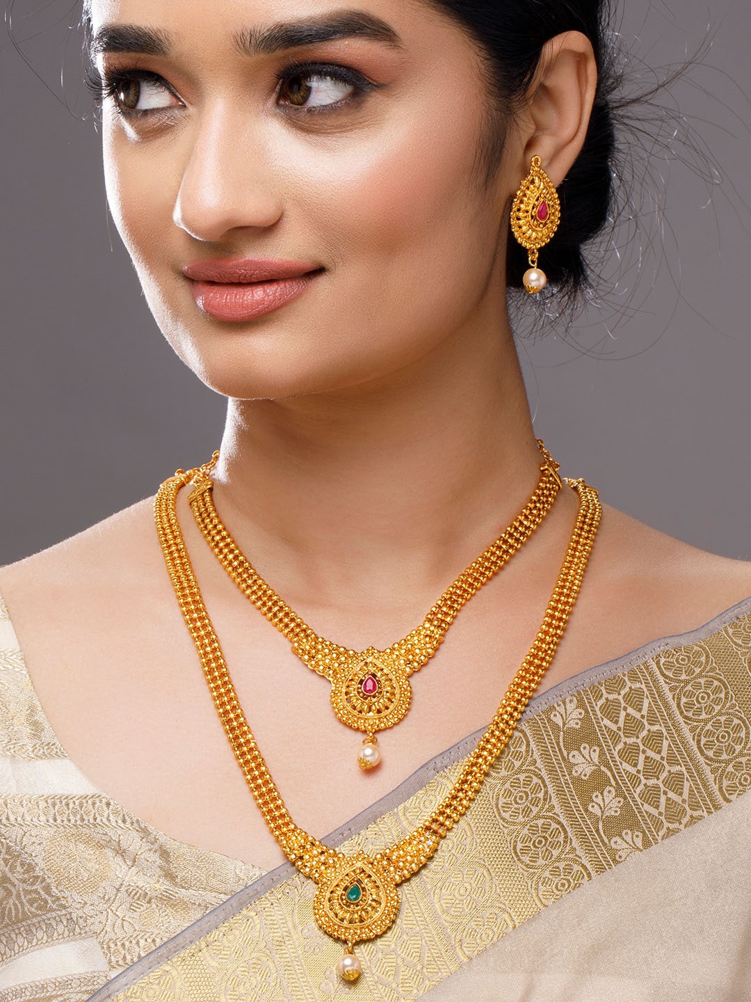 

Anouk 22K Gold-Plated Pink & Green Stone Studded Jewellery Set Of 2