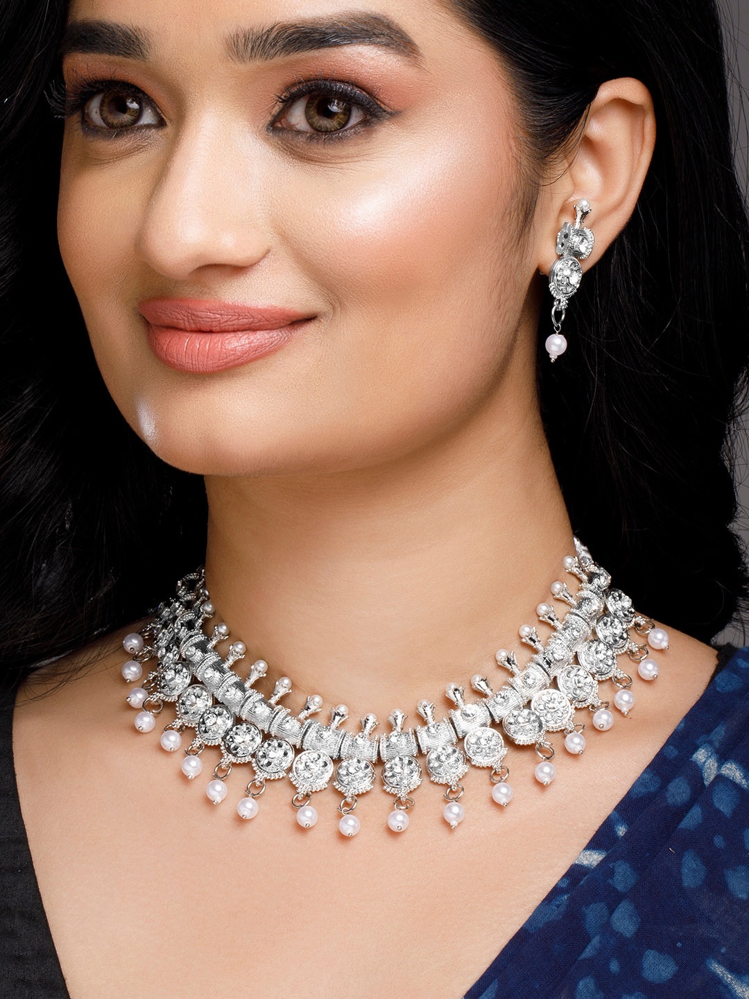 

Anouk Silver-Plated White AD-Studded & Beaded Jewellery Set