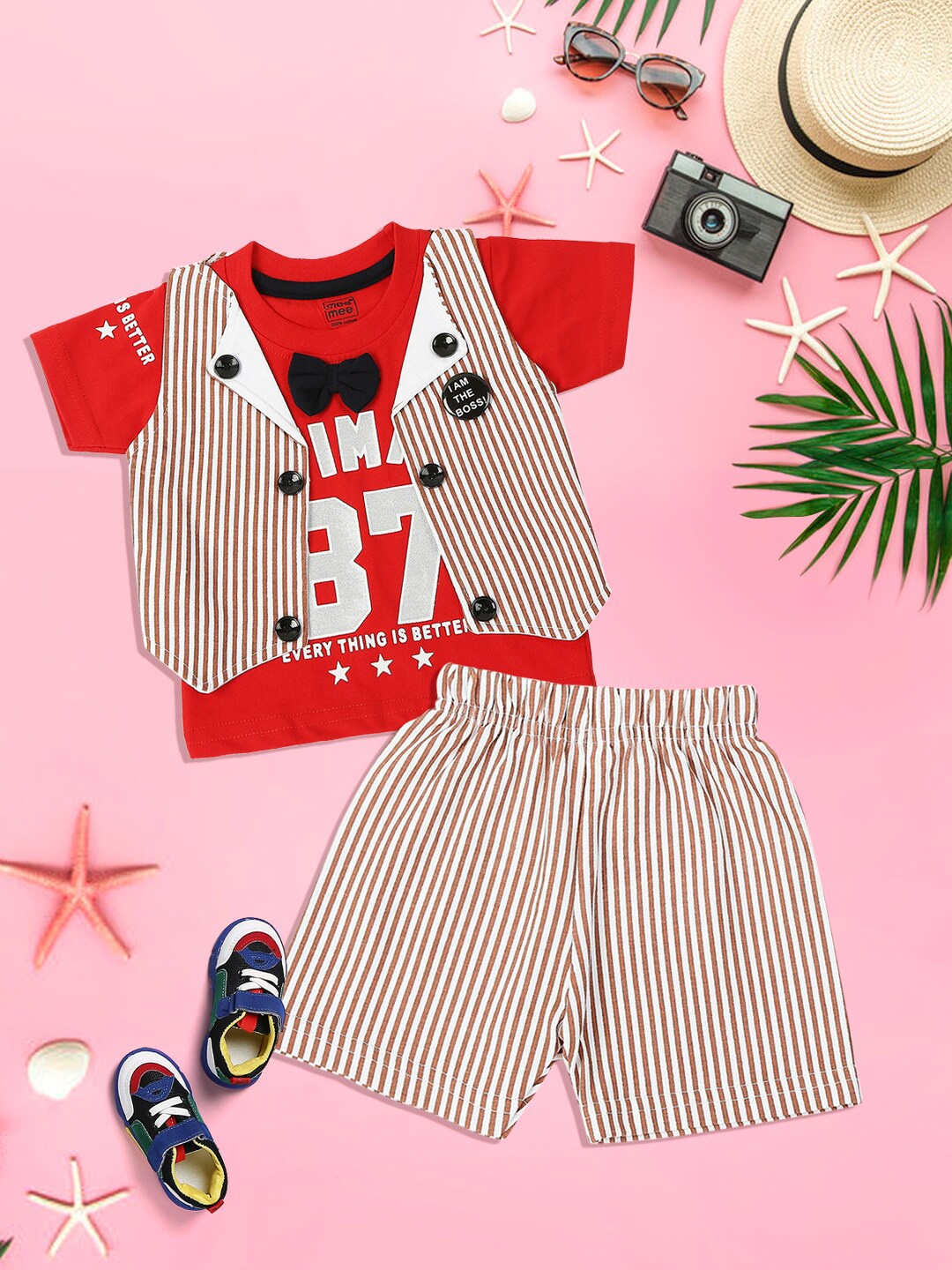 

MeeMee Boys Red & White Printed Pure Cotton T-shirt with Shorts