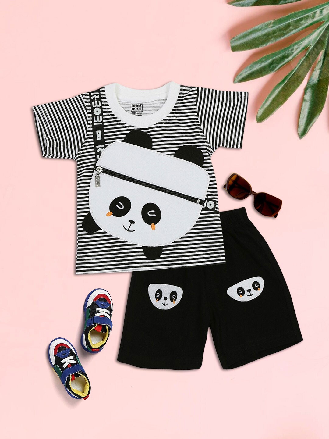 

MeeMee Boys White & Black Striped Pure Cotton T-shirt with Shorts