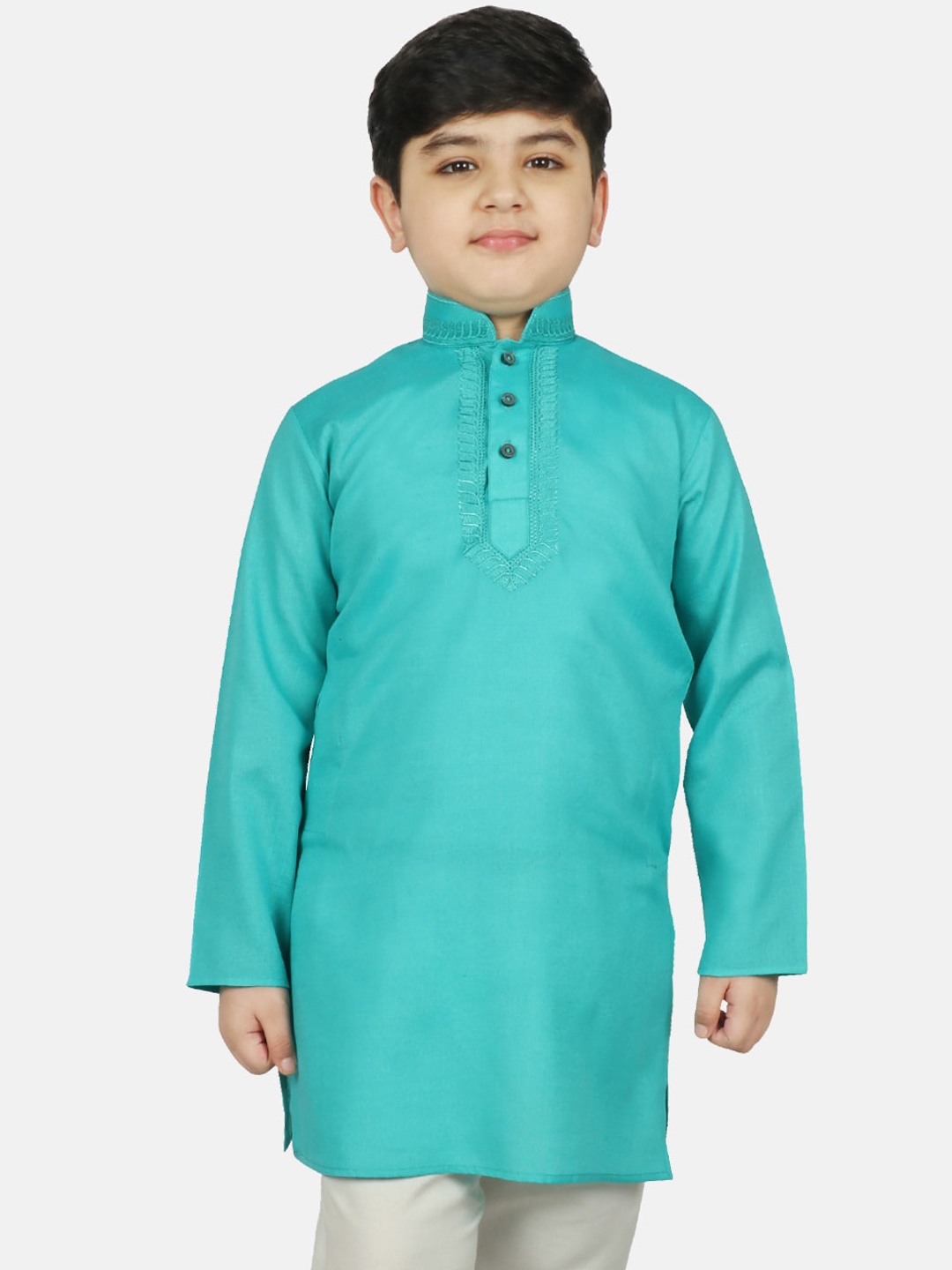 

SG YUVRAJ Boys Turquoise Blue Thread Work Cotton Kurta