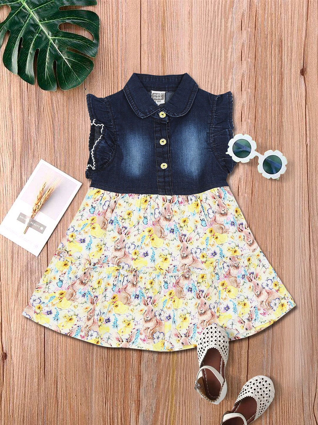 

MeeMee Girls Navy Blue & Yellow Floral Printed Cotton Fit & Flare Dress