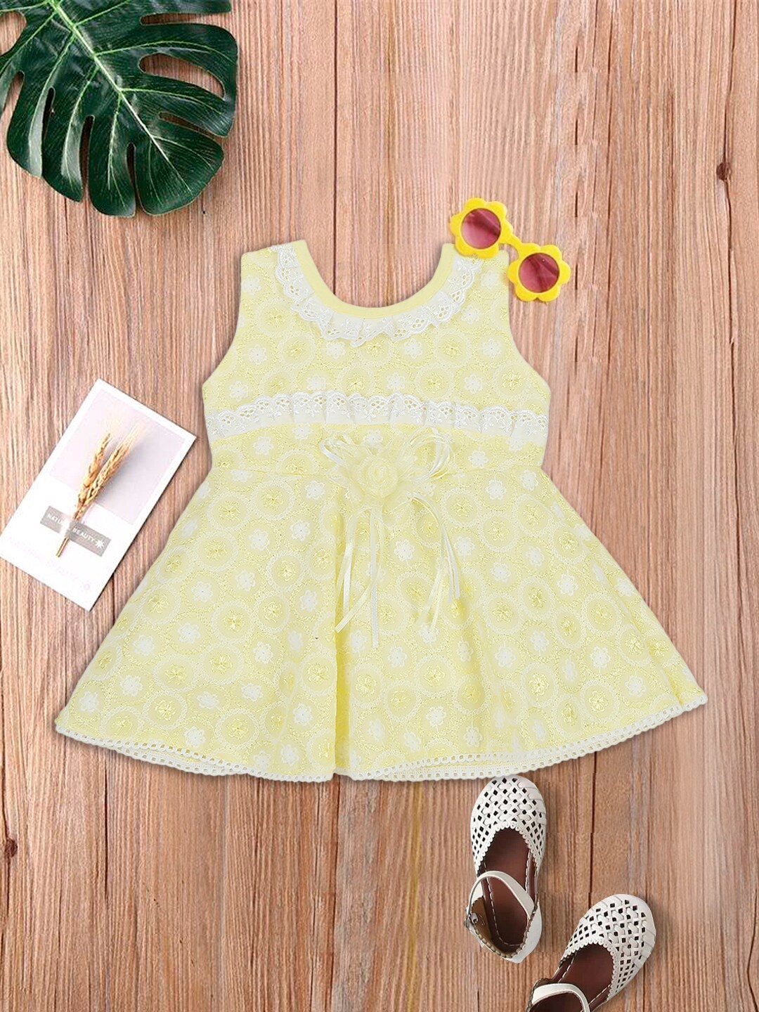 

MeeMee Yellow Floral Embroidered Cotton Dress