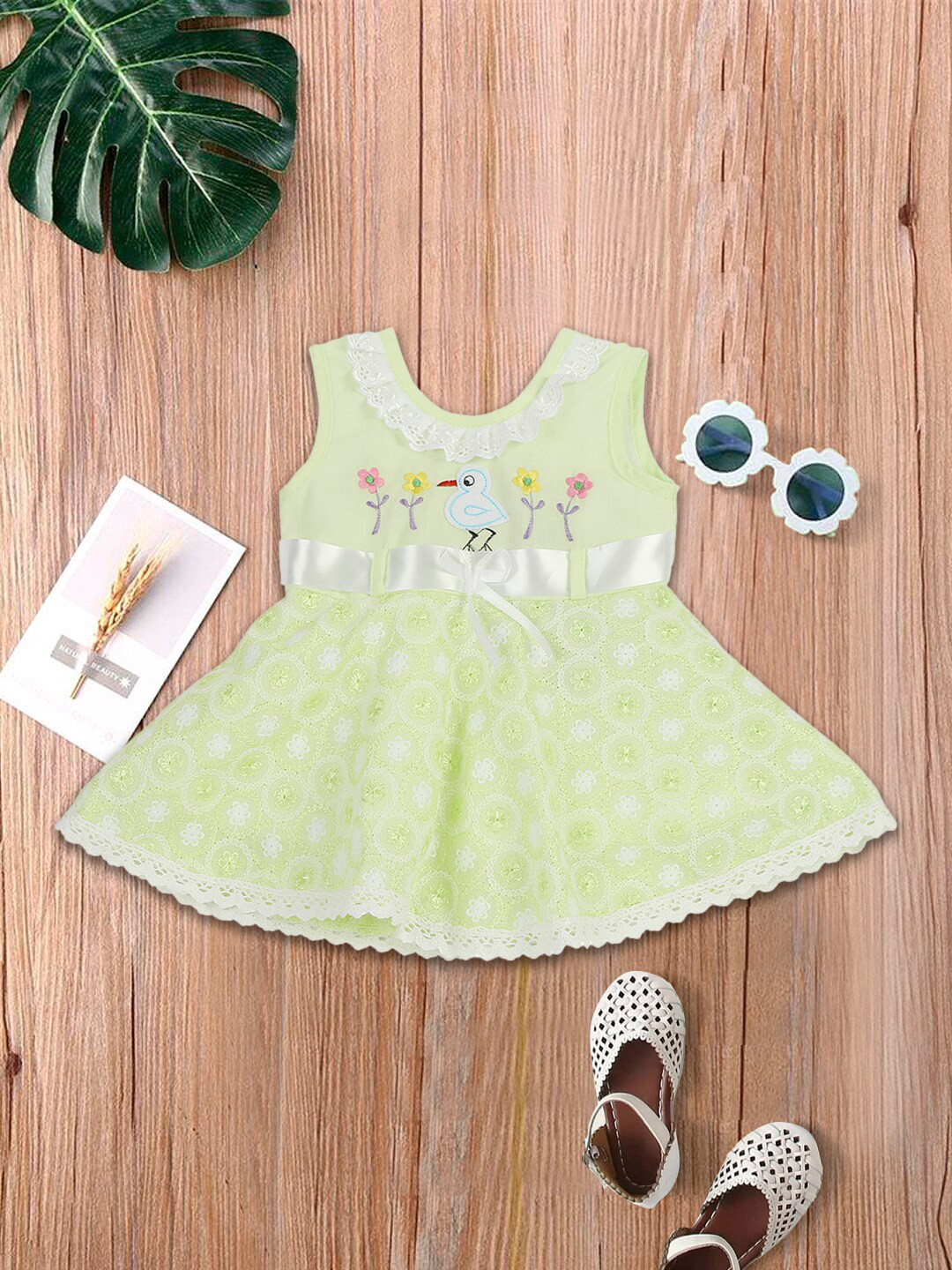 

MeeMee Girls Lime Green Embroidered Cotton Fit & Flare Dress