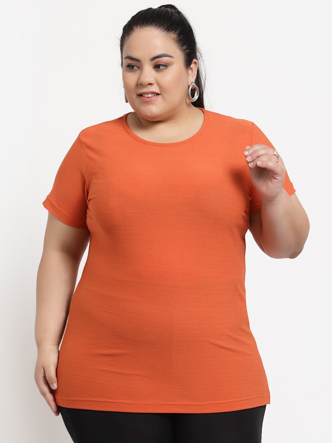 

plusS Women Orange Solid Cotton T-shirt