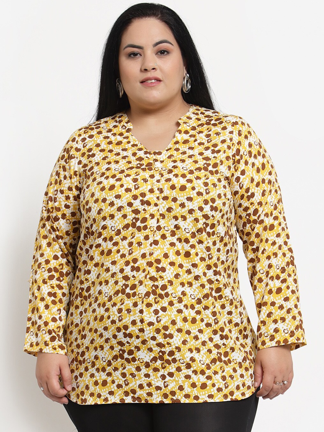 

plusS Women Plus Size Yellow & Brown Abstract Printed Top
