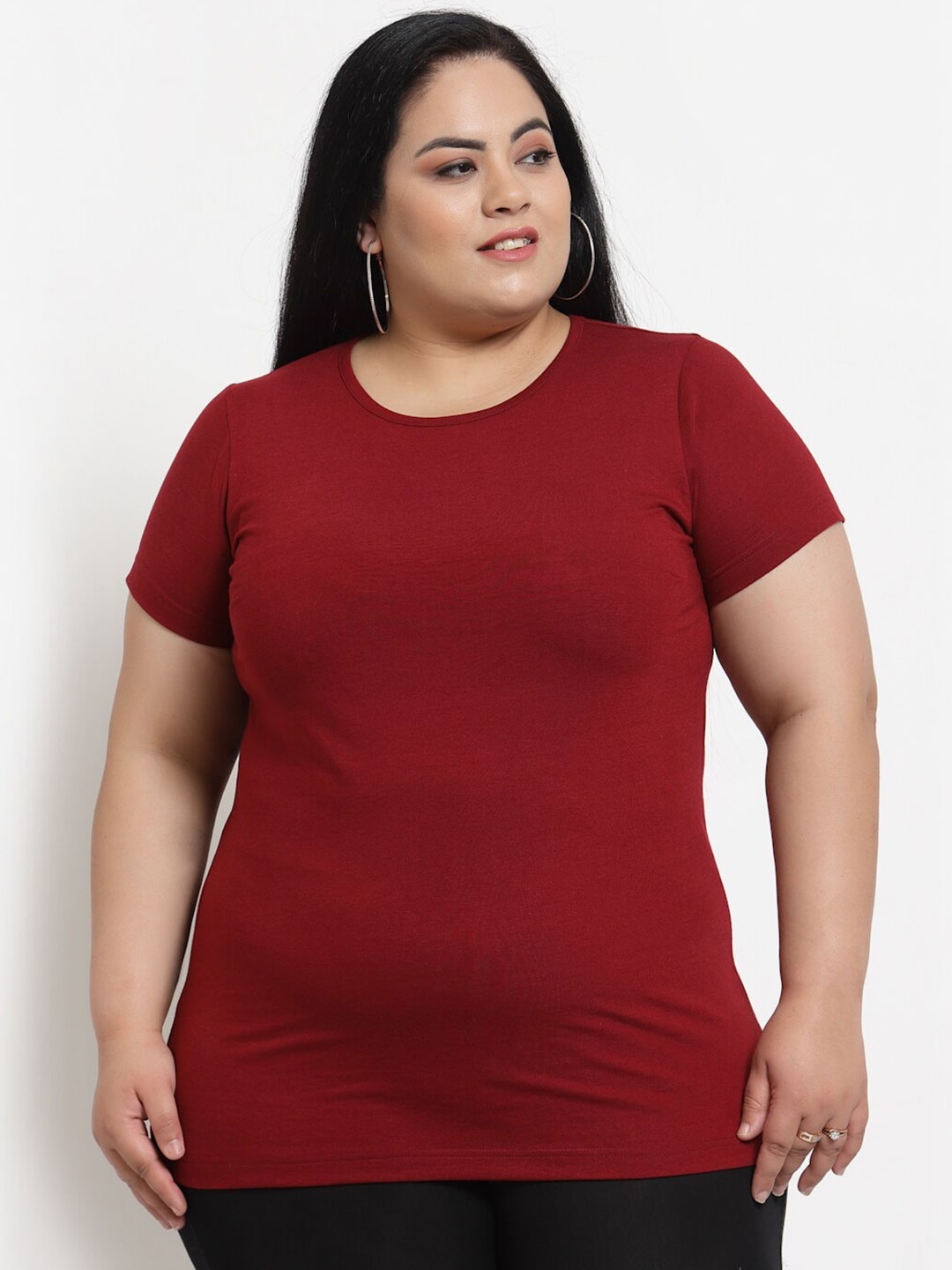 

plusS Plus Size Women Maroon Solid Cotton T-shirt