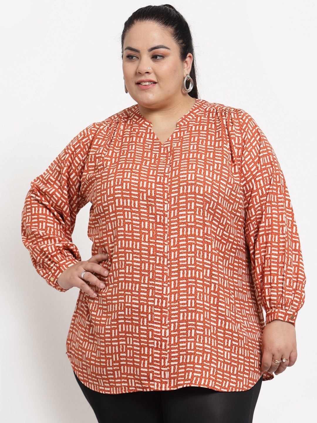 

plusS Plus Size Women Pink & White Print Top