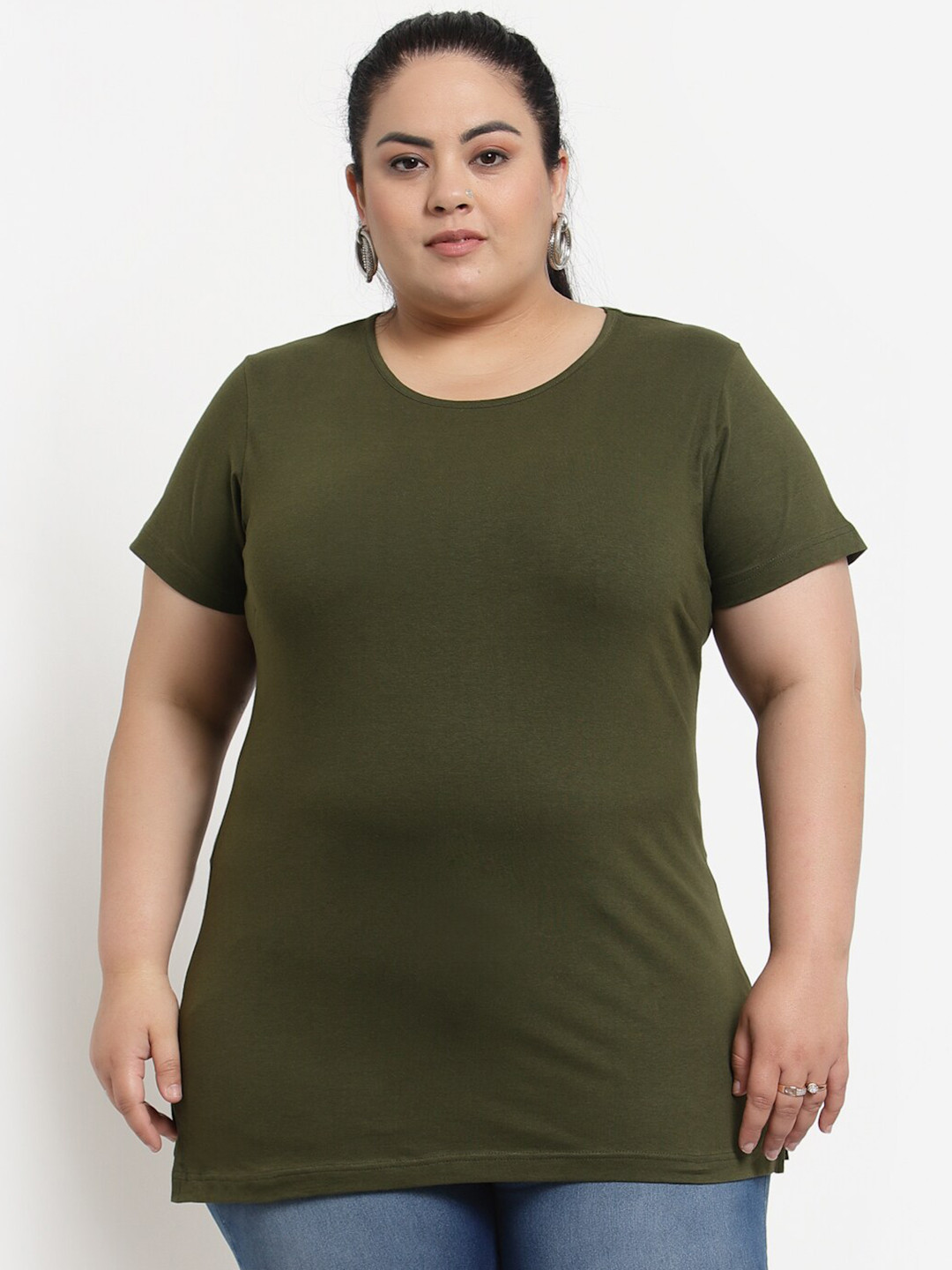 

plusS Plus Size Women Olive Green T-shirt