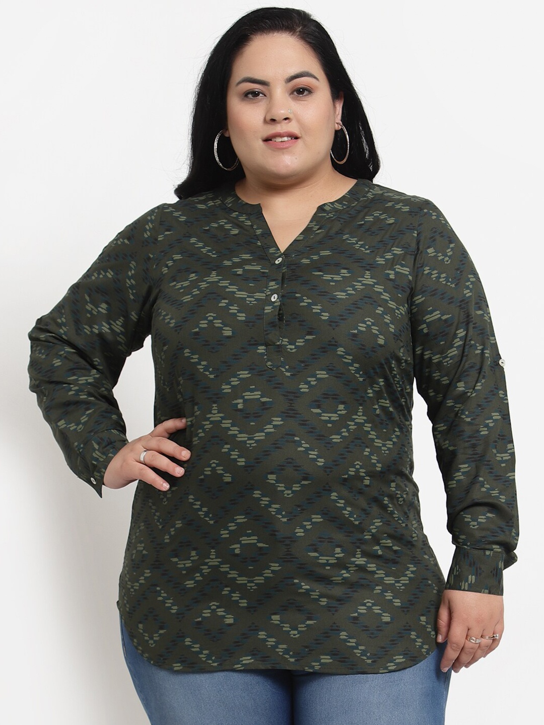 

plusS Olive Green Floral Print Mandarin Collar Top