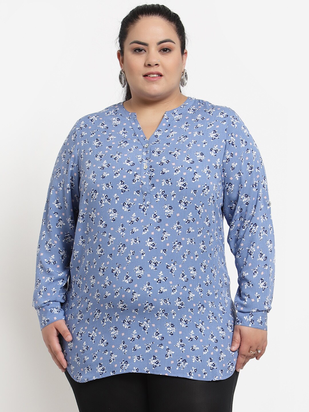 

plusS Blue Floral Print Mandarin Collar Top