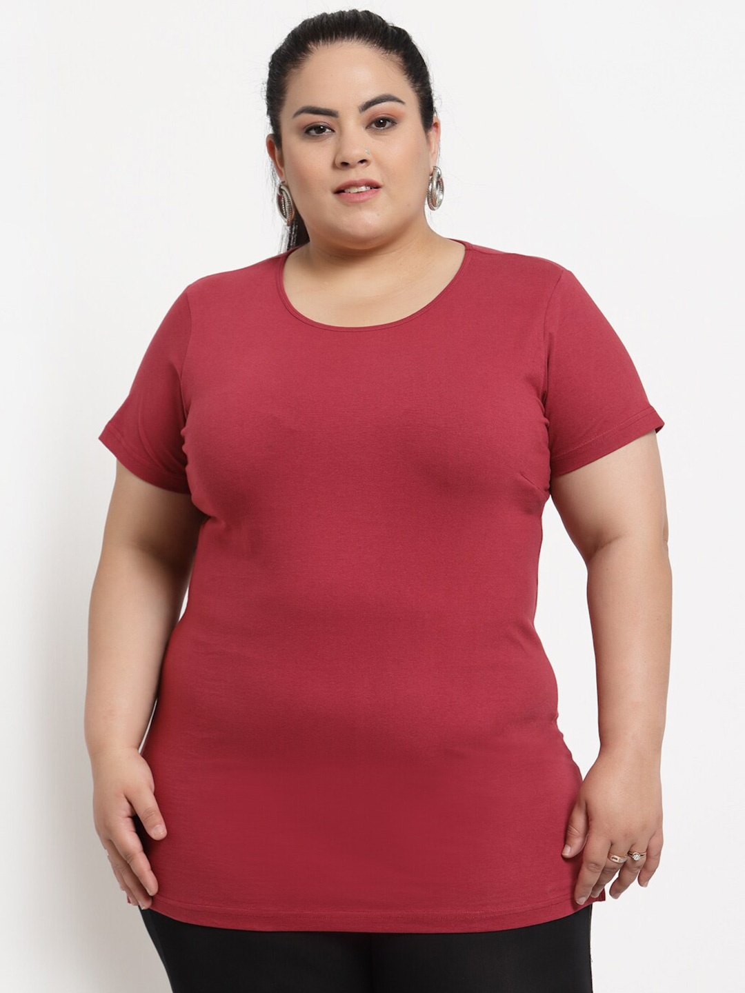 

plusS Women Plus Size Red Solid T-shirt