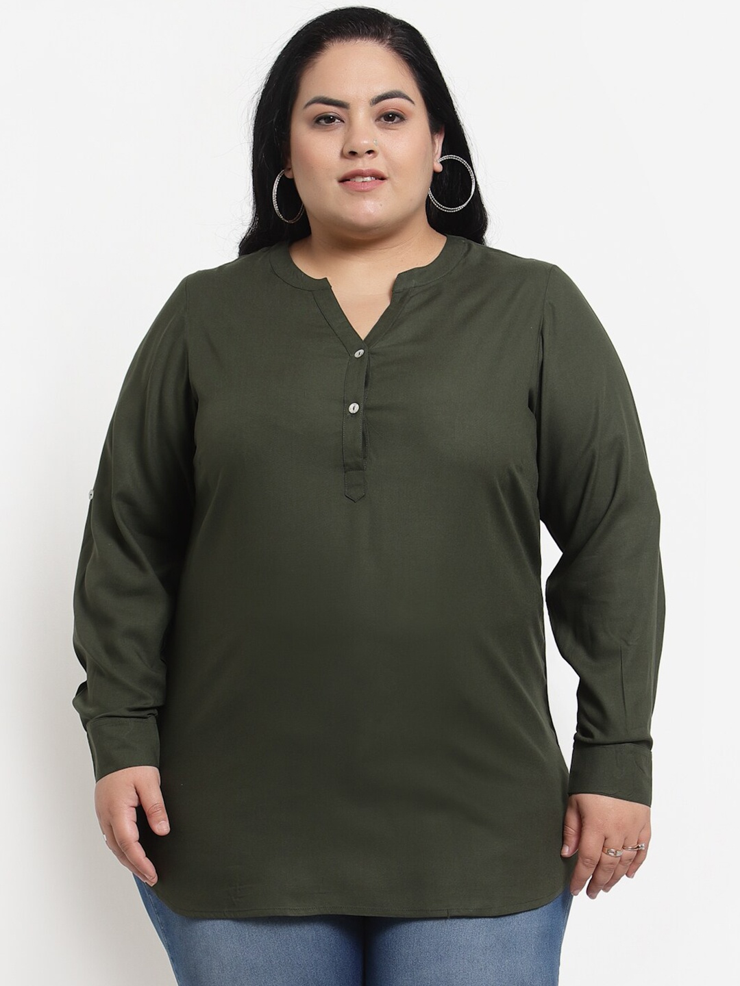 

plusS Olive Green Solid Mandarin Collar Top