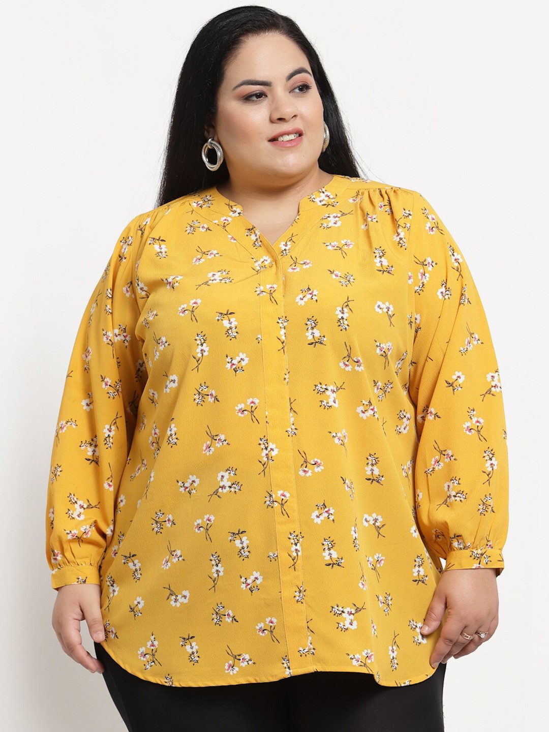 

plusS Plus Size Mustard Yellow & White Floral Print Mandarin Collar Top