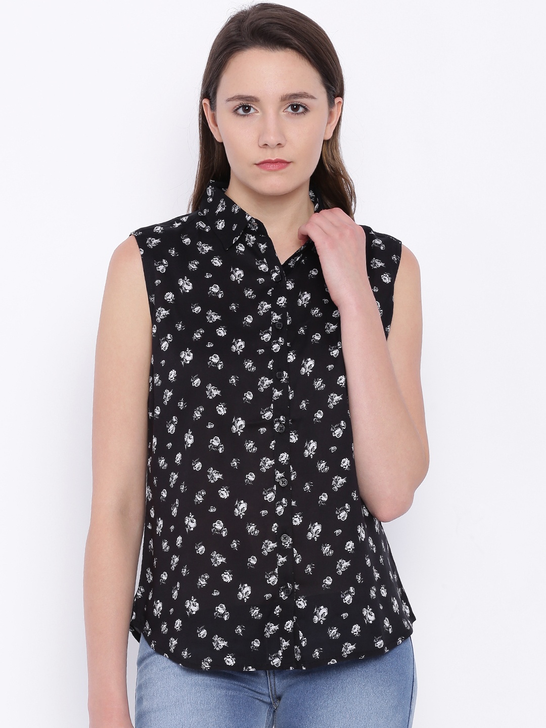 

U.S. Polo Assn. Women Black Printed Shirt Style Pure Cotton Top