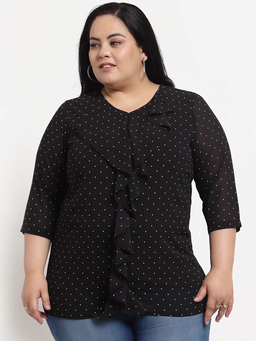

plusS Plus Size Women Black & White Polka Dots Printed Top