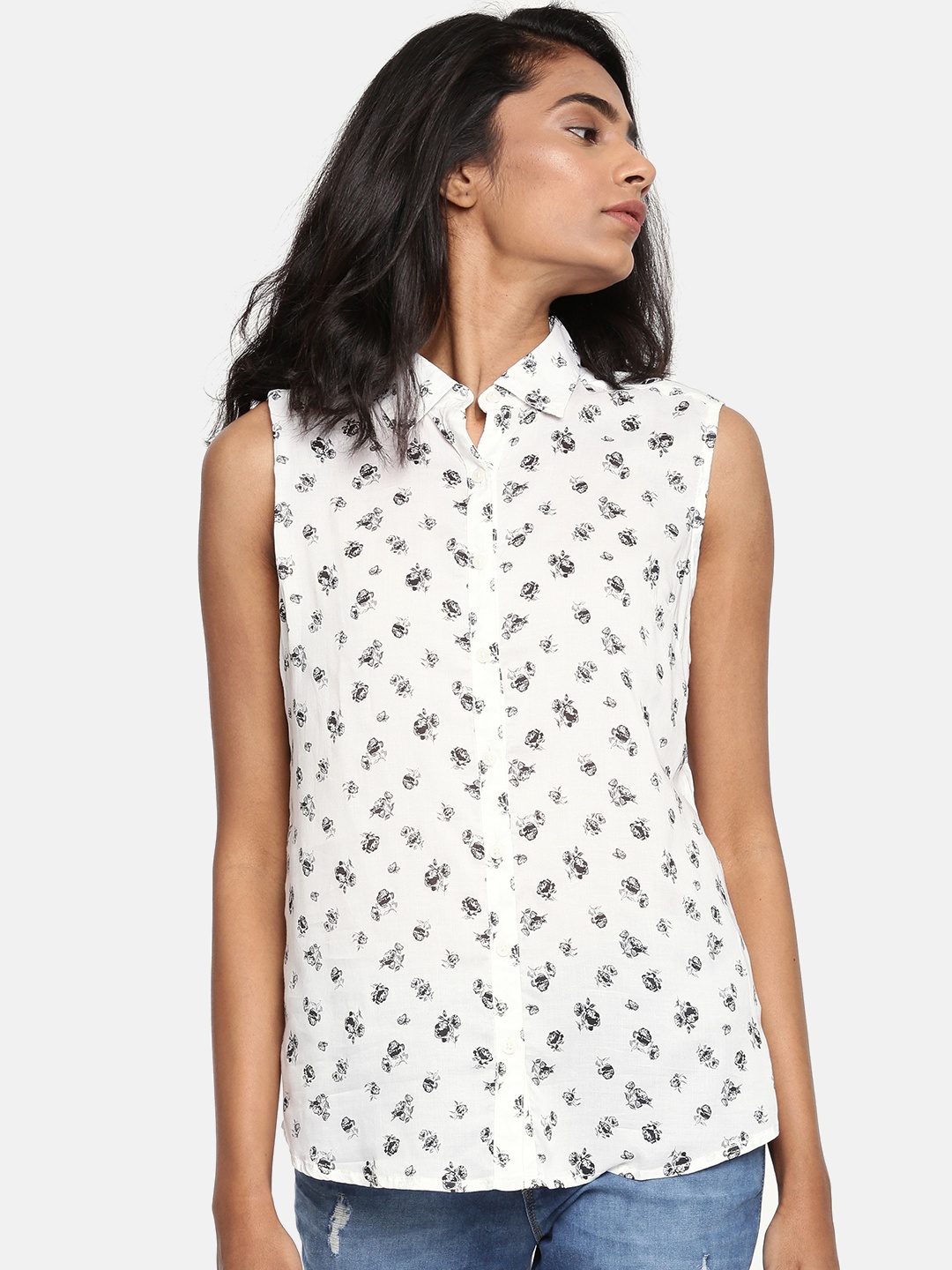 

U.S. Polo Assn. Women White Printed Shirt Style Pure Cotton Top