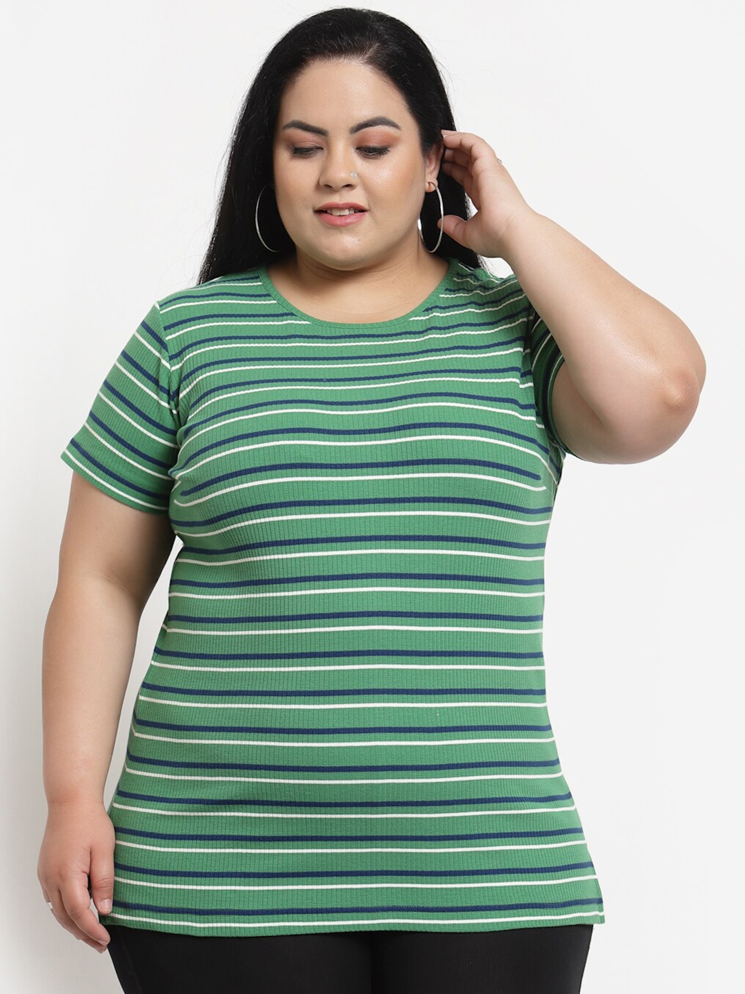 

plusS Women Green Striped T-shirt