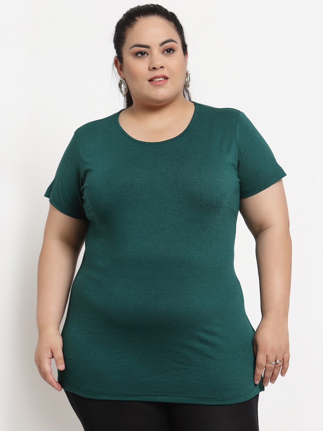 

plusS Plus Size Women Green Solid T-shirt