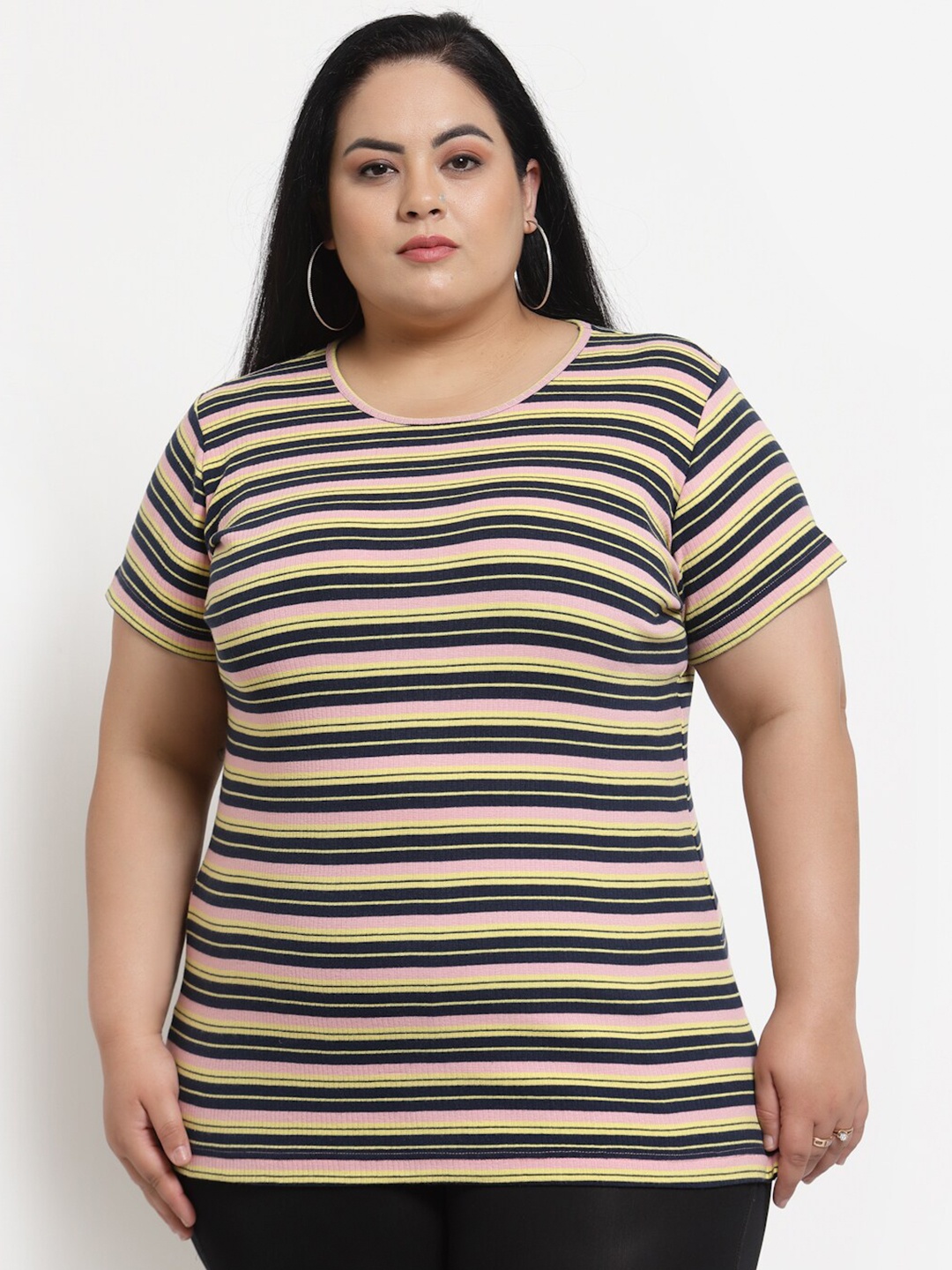 

plusS Women Multicoloured Striped Cotton T-shirt, Multi