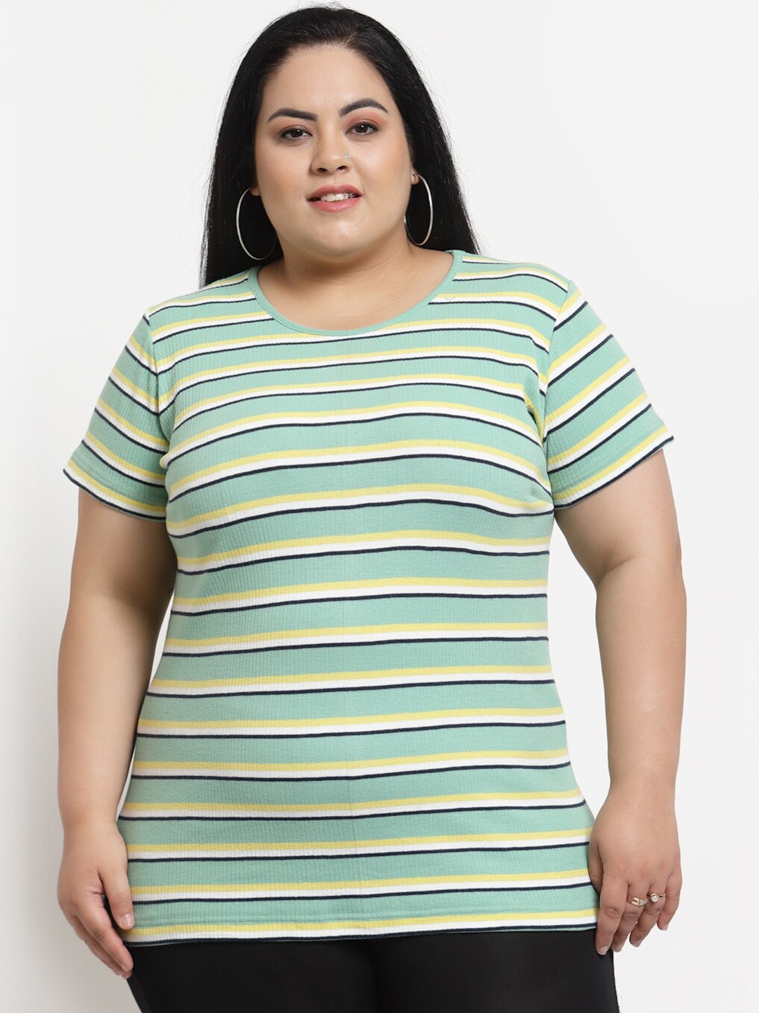 

plusS Women Plus Size Green & Yellow Striped T-shirt