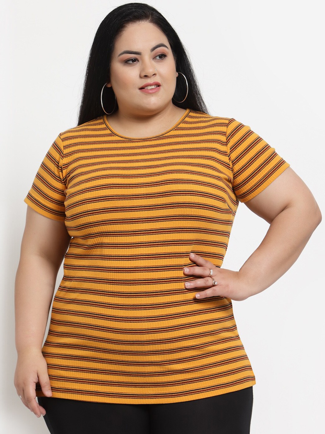 

plusS Women Plus Size Mustard Yellow Striped T-shirt