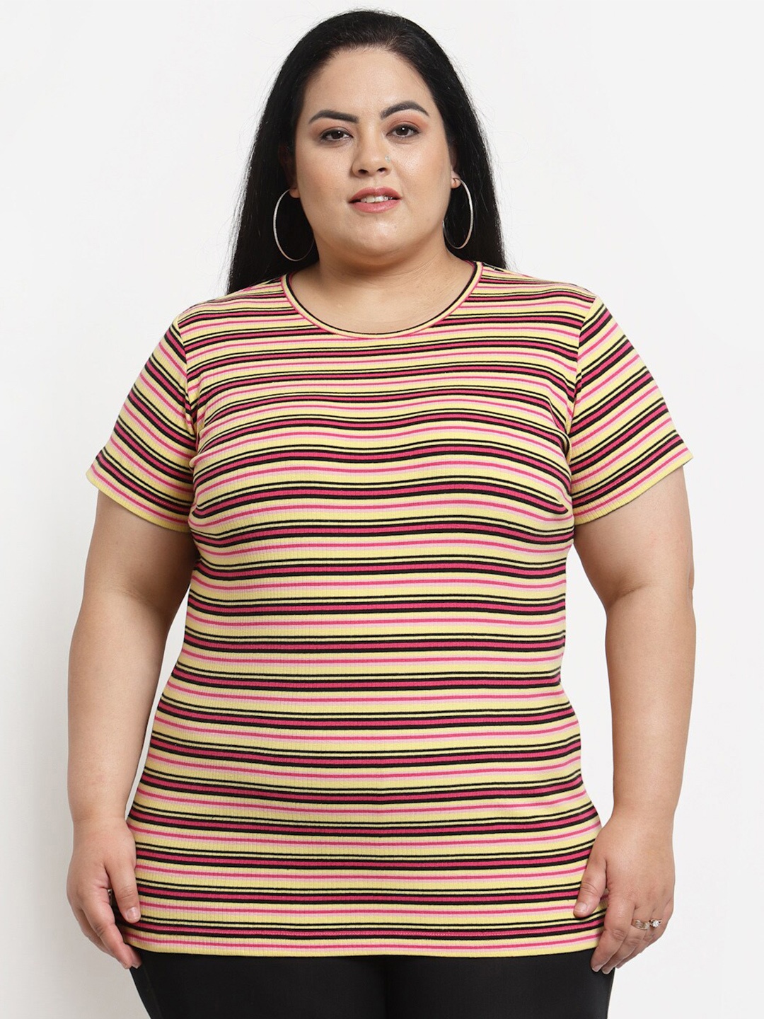 

plusS Plus Size Women Multicoloured Striped T-shirt, Multi