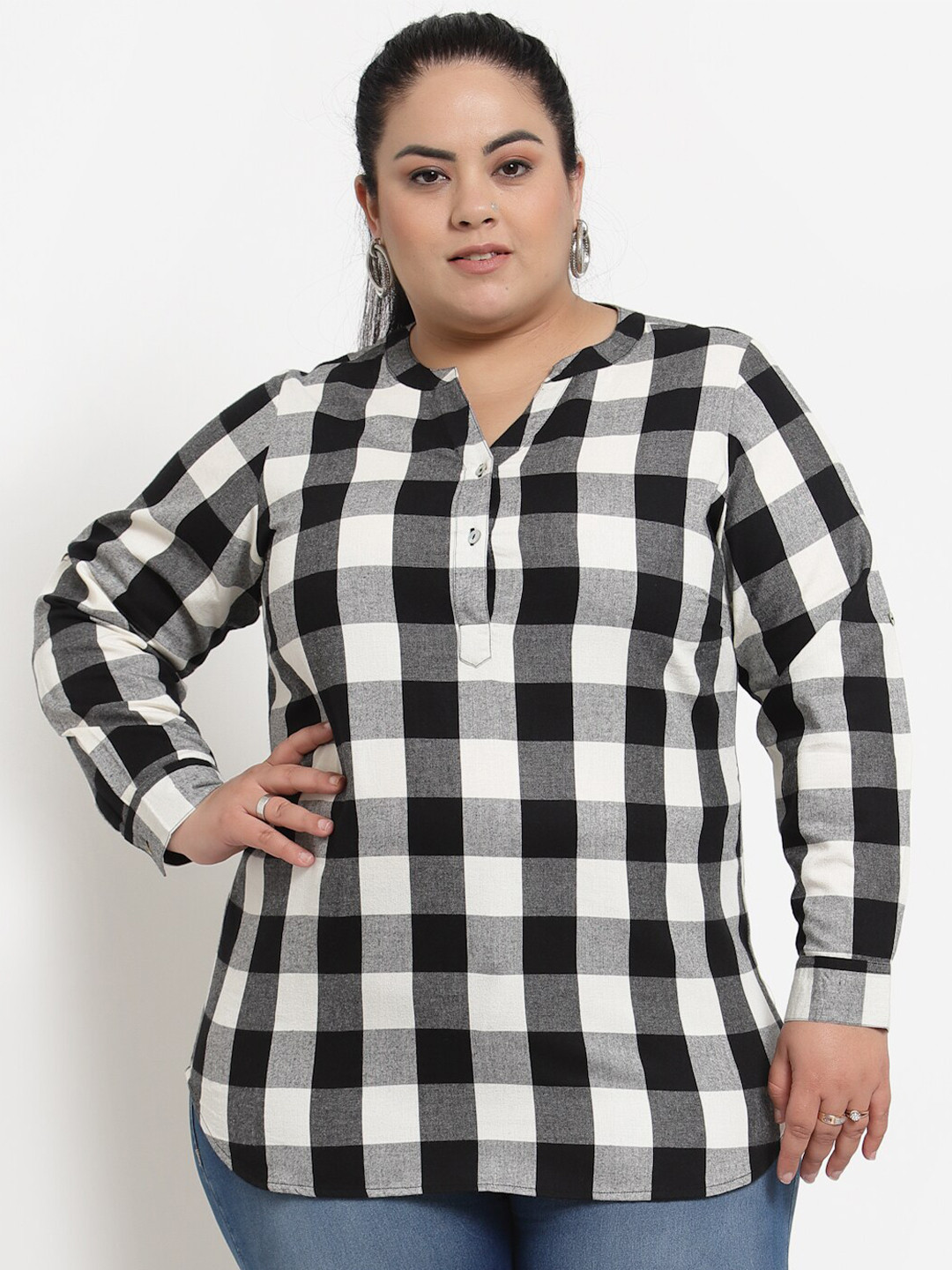 

plusS Black Checked Mandarin Collar Shirt Style Top
