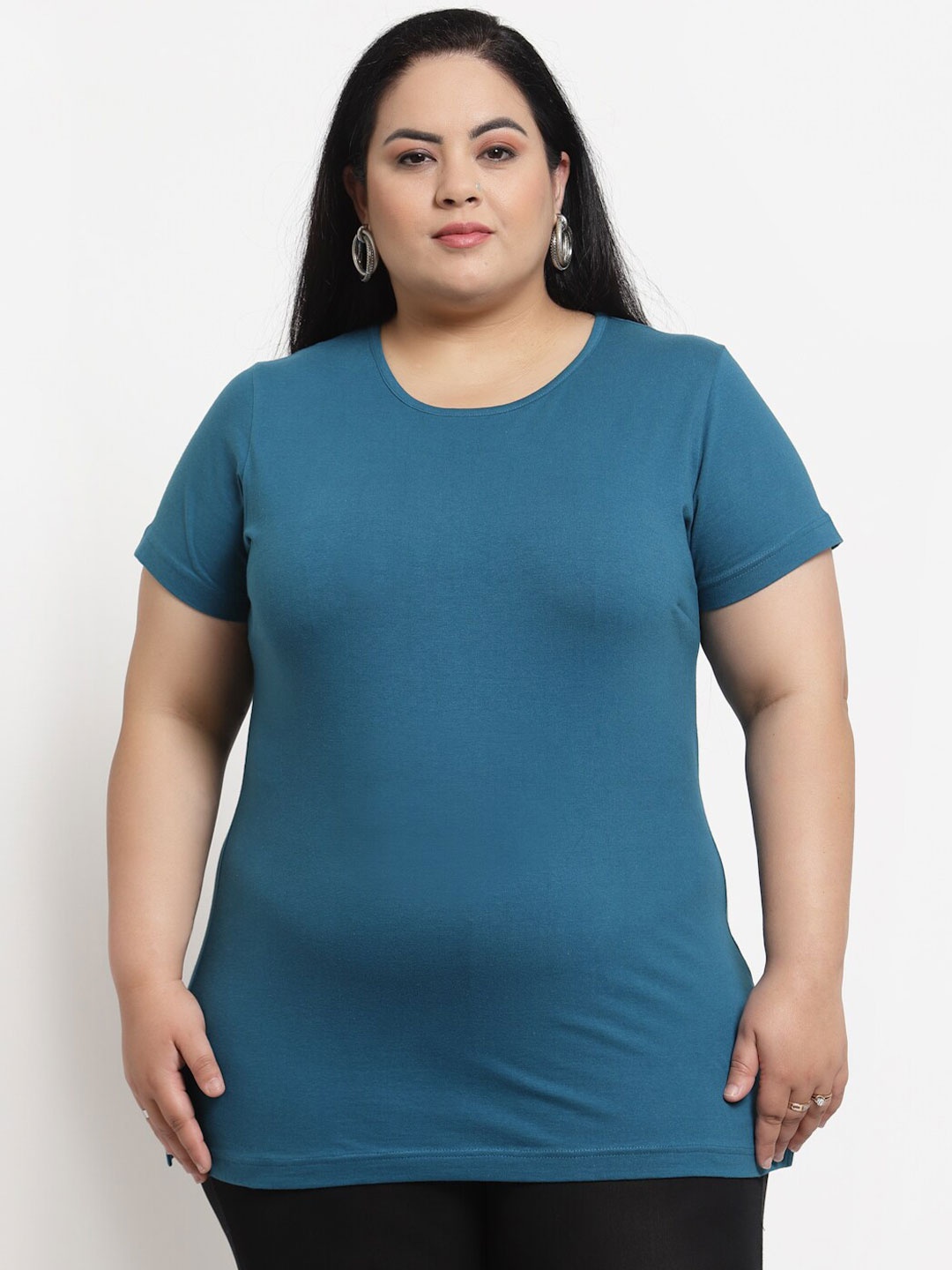 

plusS Plus Size Women Teal Solid T-shirt