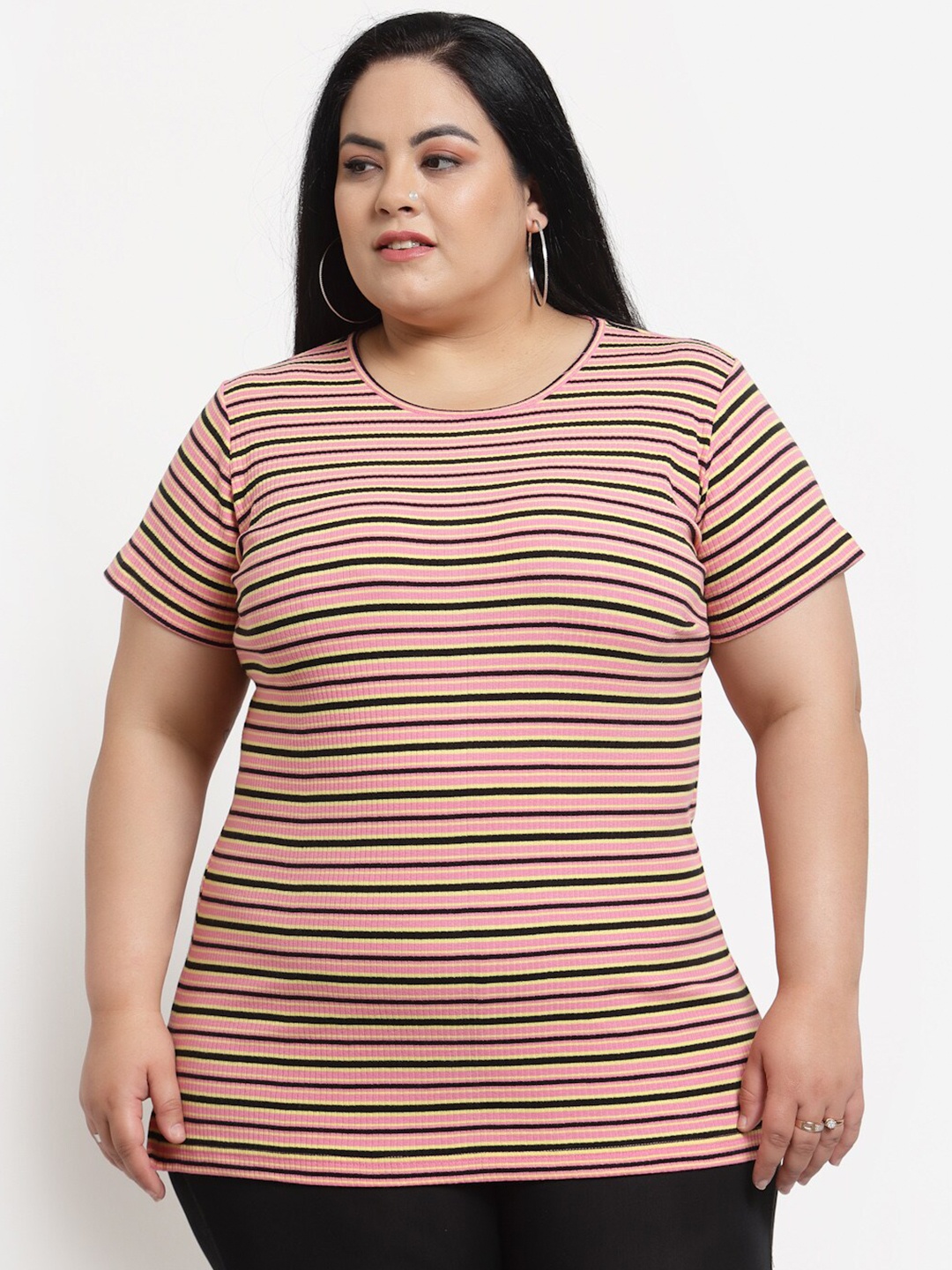 

plusS Women Plus Size Pink & Green Striped T-shirt