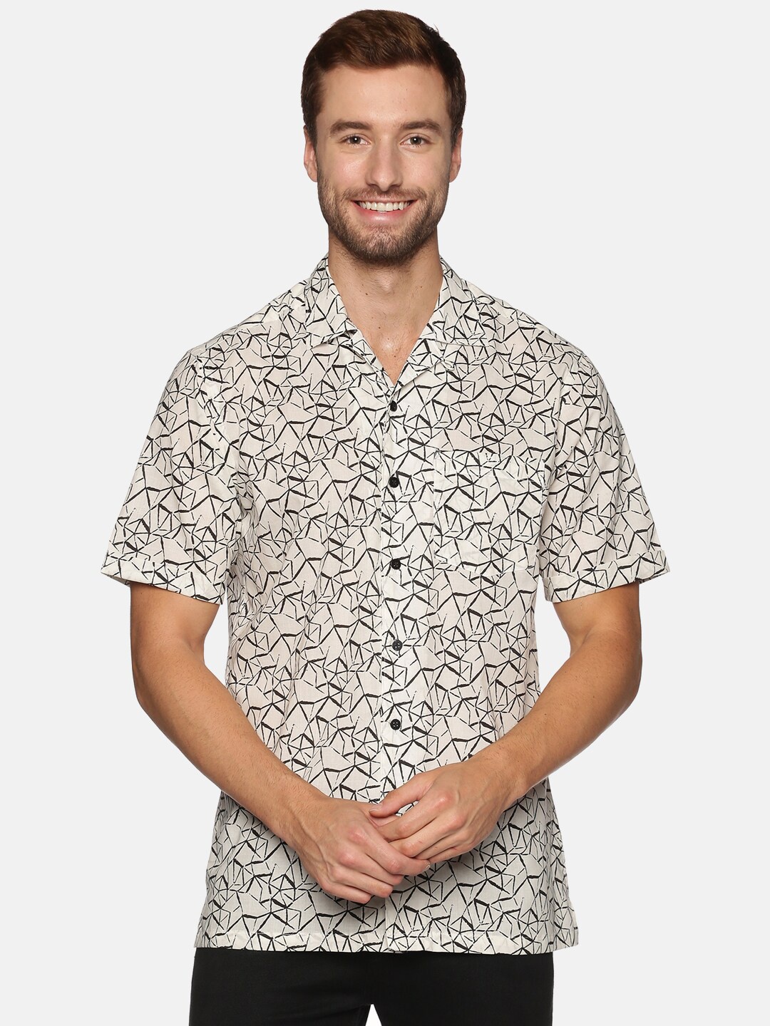 

DON VINO Men Off White & Brown Relaxed Abstract Printed Cotton Casual Shirt