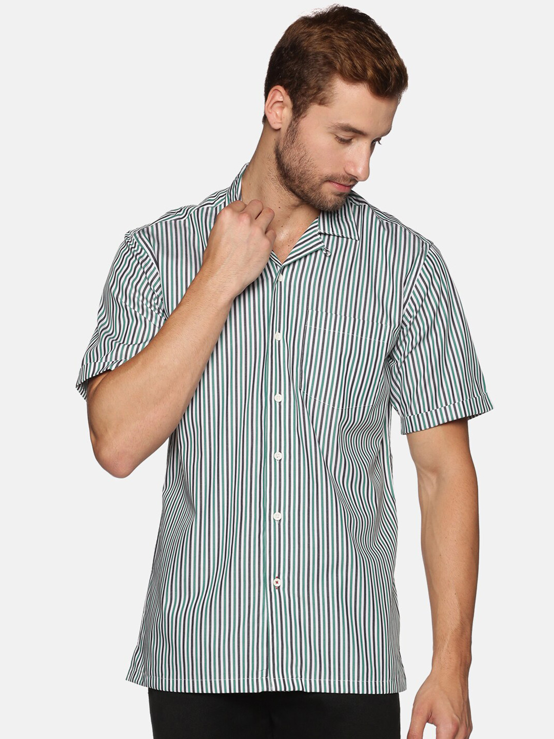 

DON VINO Men Green & White Striped Cotton Casual Shirt