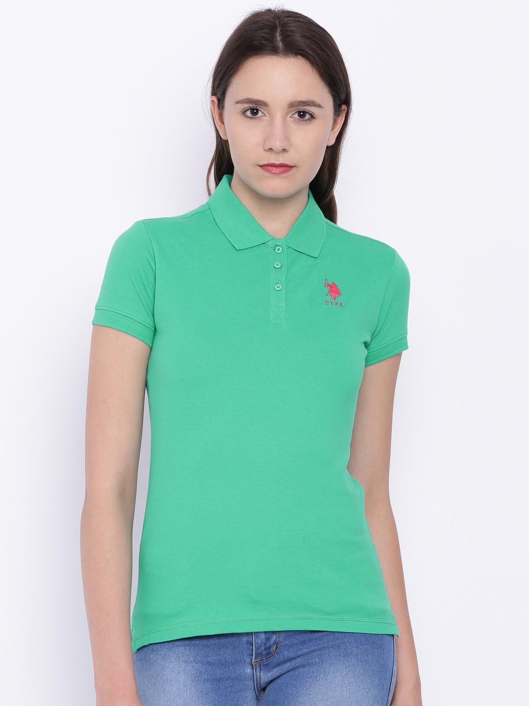

U.S. Polo Assn. Women Women Green Solid Polo T-shirt
