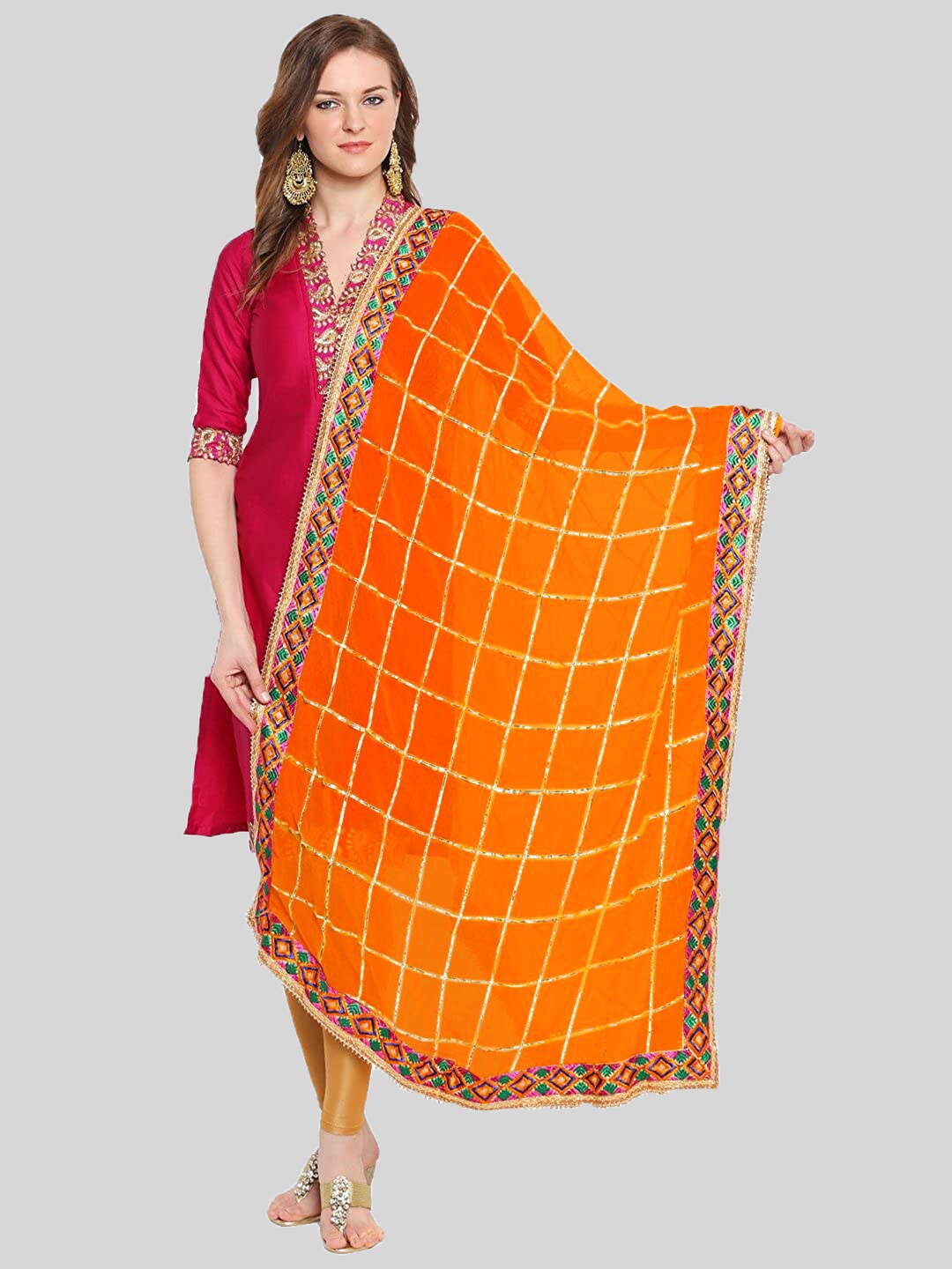 

Dupatta Bazaar Women Orange Checked Phulkari Embroidered Dupatta