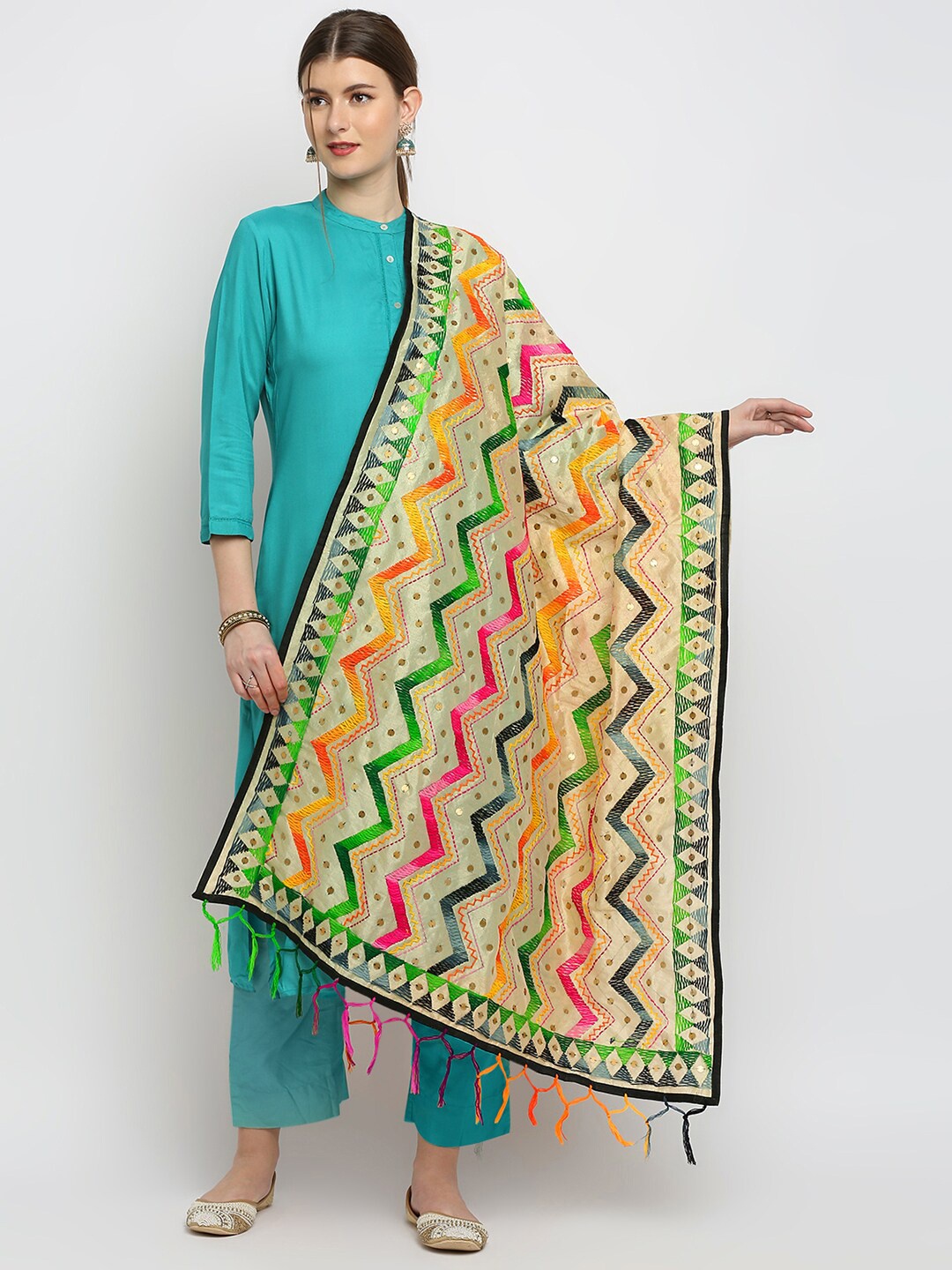 

Dupatta Bazaar Gold-Toned & Green Ethnic Motifs Embroidered Dupatta with Beads and Stones