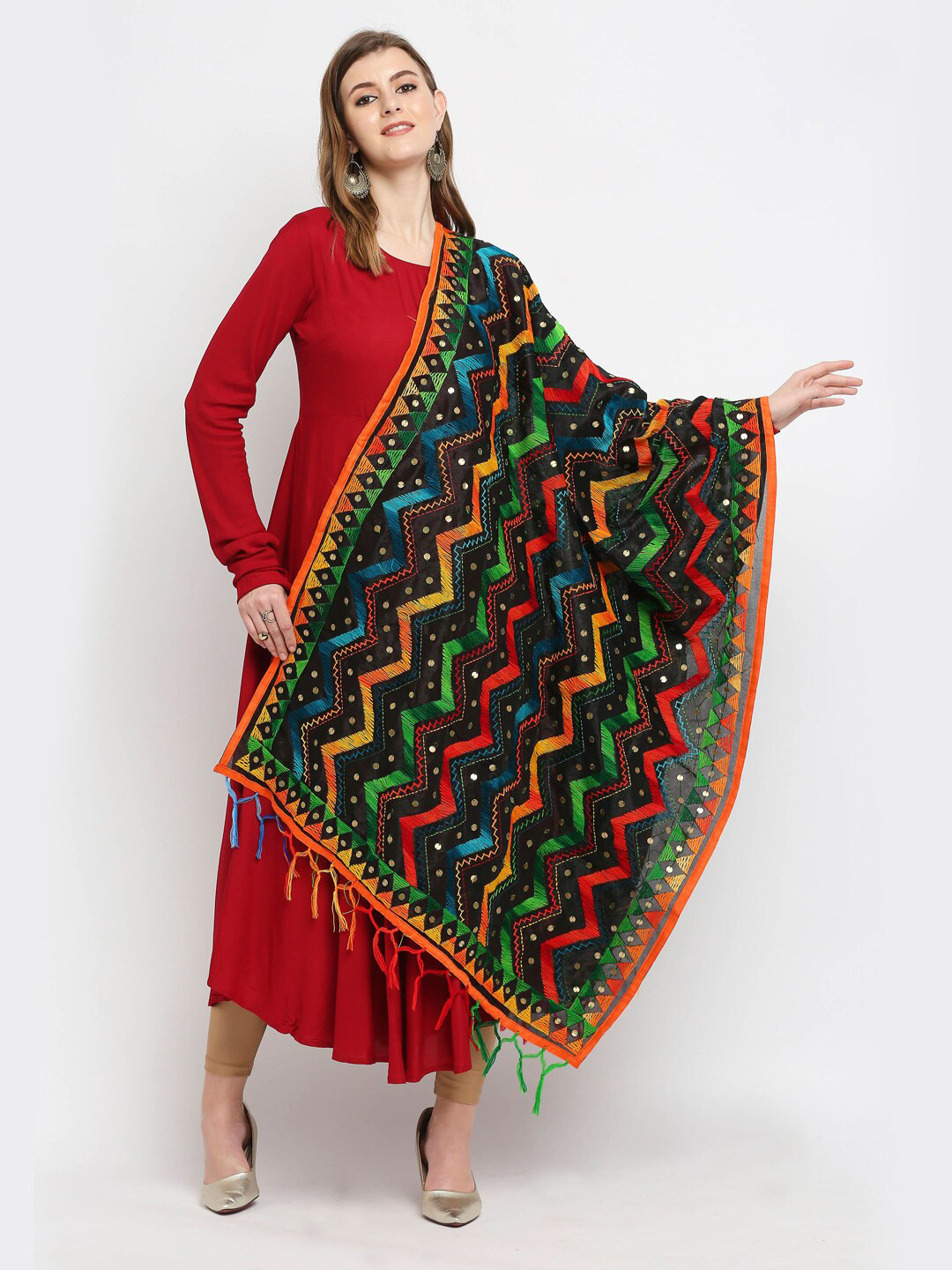 

Dupatta Bazaar Black & Orange Embroidered Dupatta with Beads and Stones