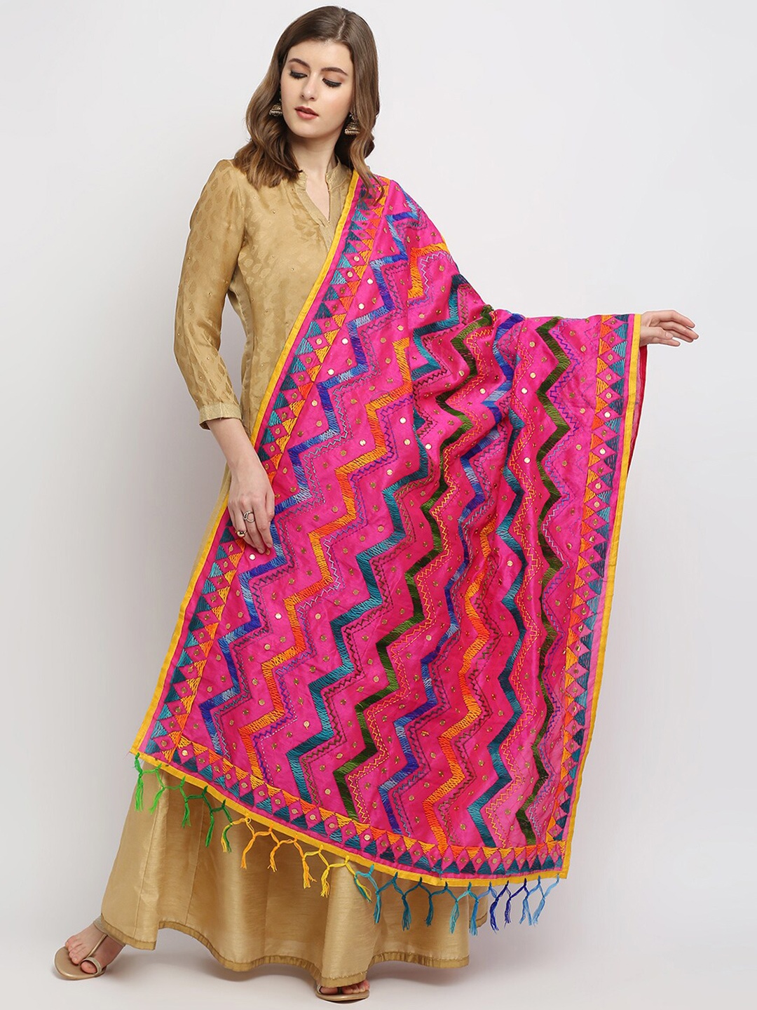 

Dupatta Bazaar Pink & Blue Embroidered Chanderi Dupatta