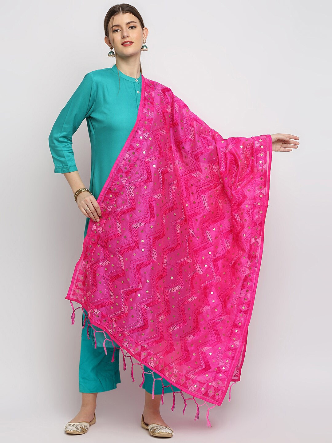 

Dupatta Bazaar Pink Ethnic Motifs Embroidered Dupatta with Beads and Stones