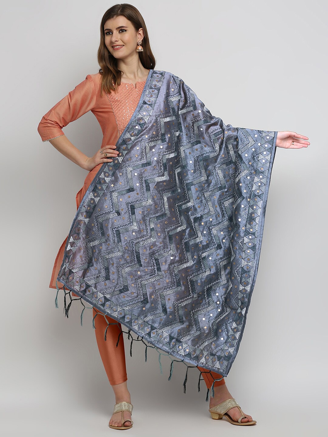 

Dupatta Bazaar Women Grey & Gold-Toned Embroidered Chanderi Dupatta
