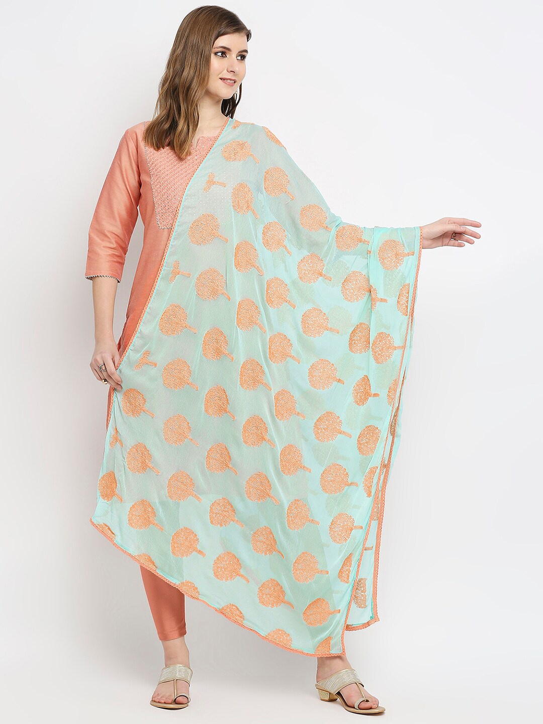 

Dupatta Bazaar Sea Green & Orange Ethnic Motifs Embroidered Dupatta