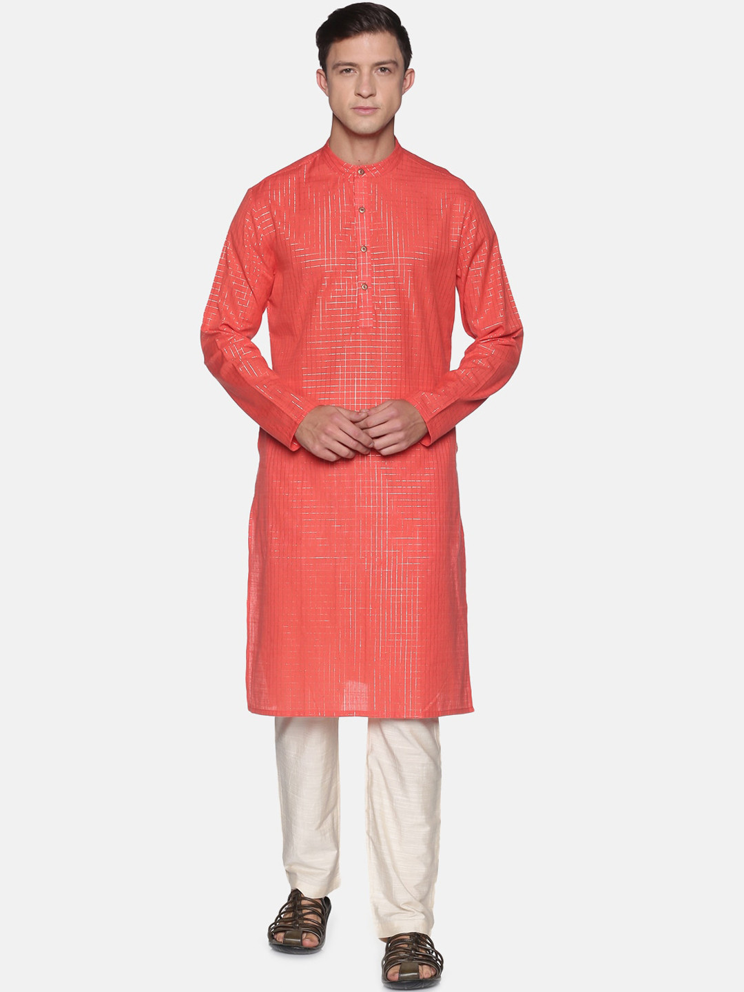 

Saffron Threads Men Coral Red Pure Cotton Kurta with Pyjamas