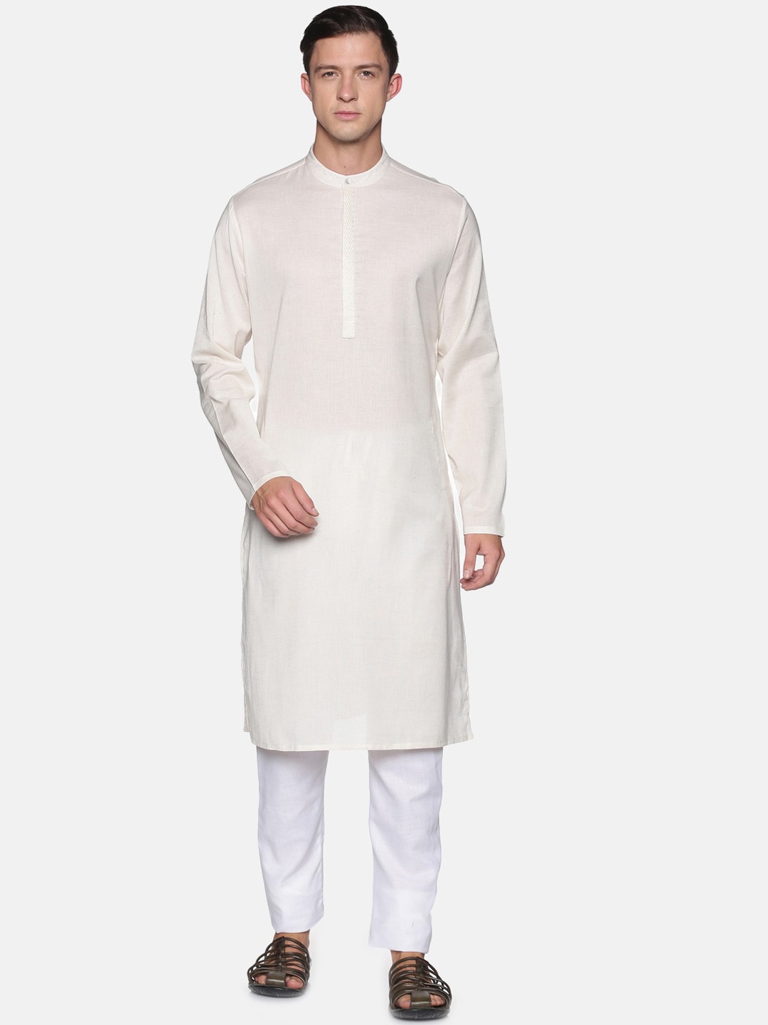 

Saffron Threads Men Off White Self-Embroidered Placket Kurta with Pyjamas