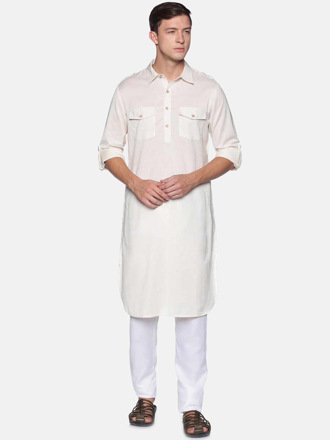 

Saffron Threads Men Off White Pathani Kurta with Pyjamas