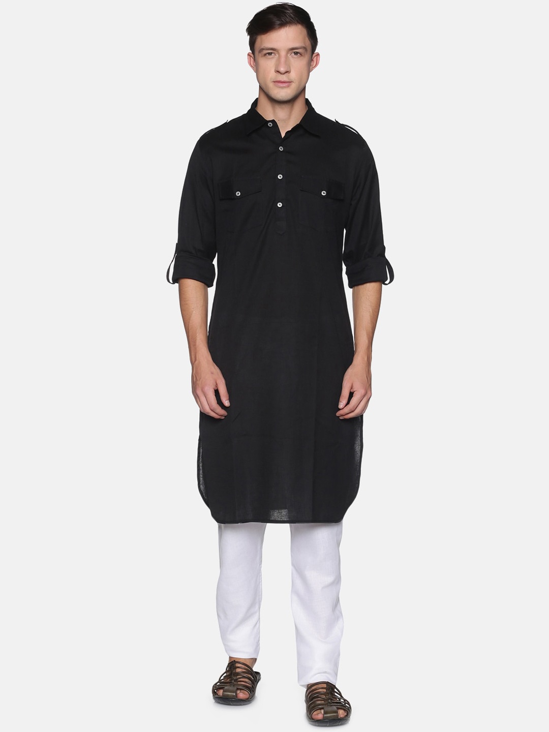 

Saffron Threads Men Black Pathani Kurta with Pyjamas