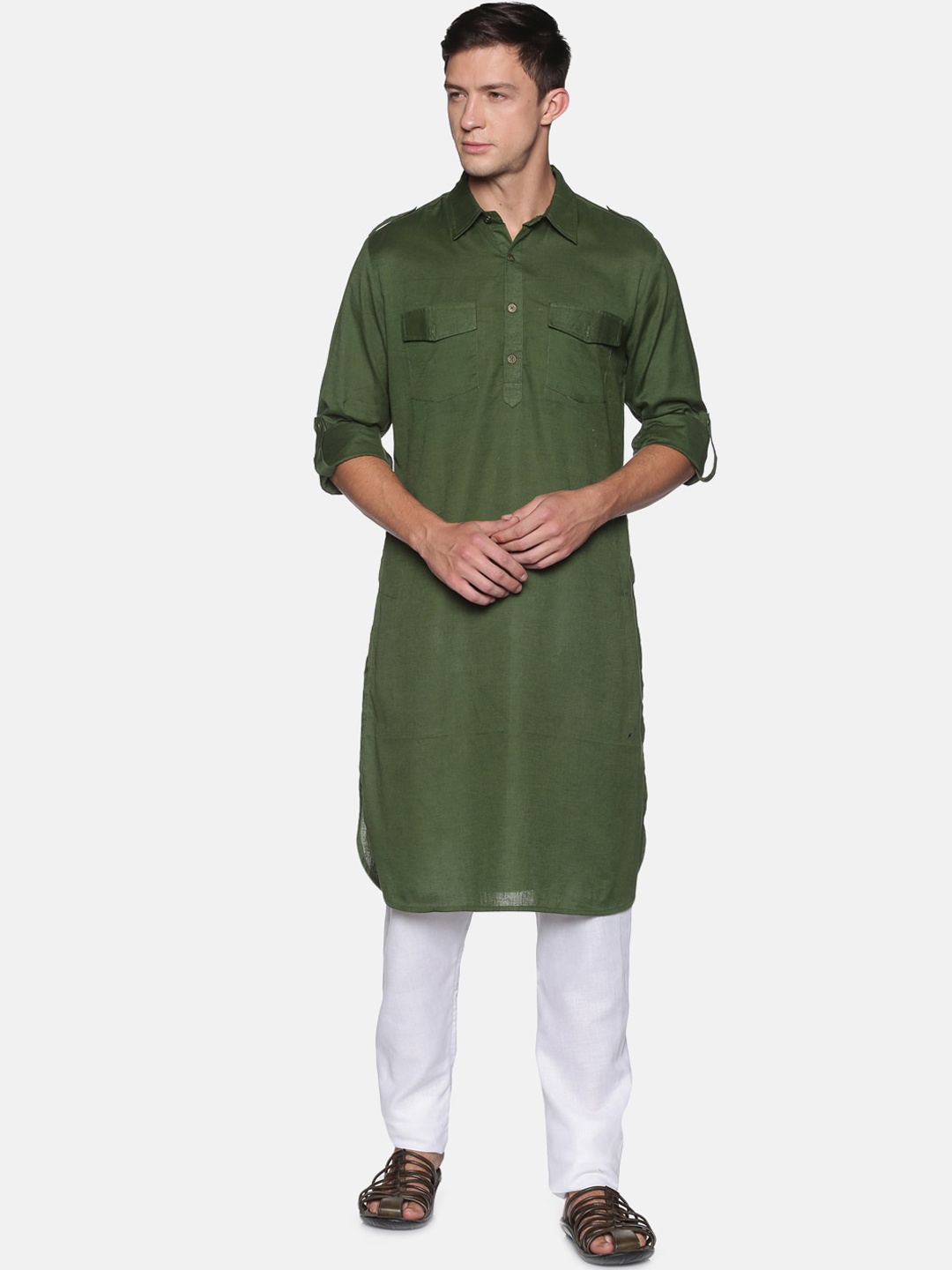 

Saffron Threads Men Olive Green Pathani Kurta with Pyjamas