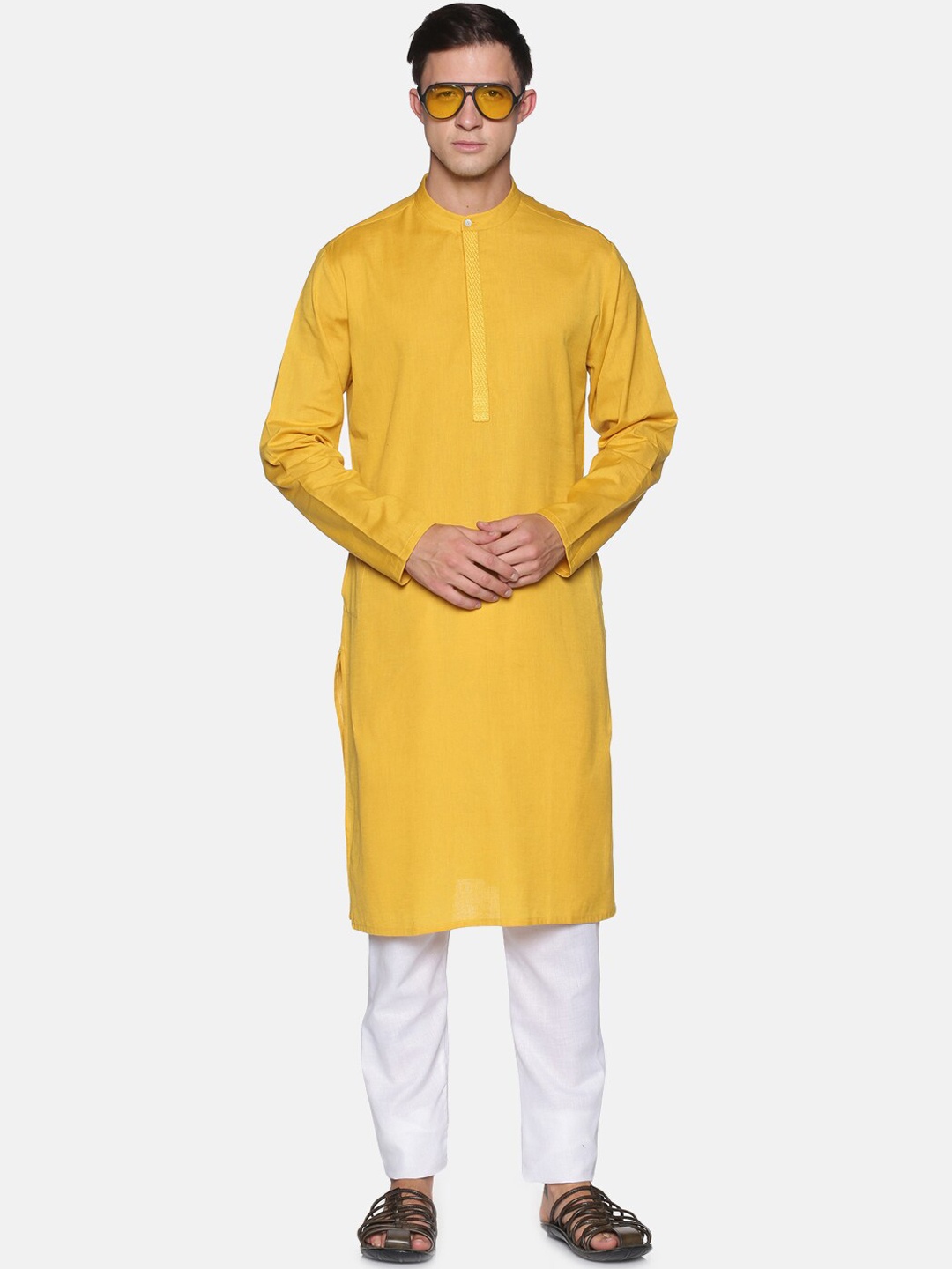 

Saffron Threads Men Yellow Self-Embroidered Placket Kurta with Pyjamas