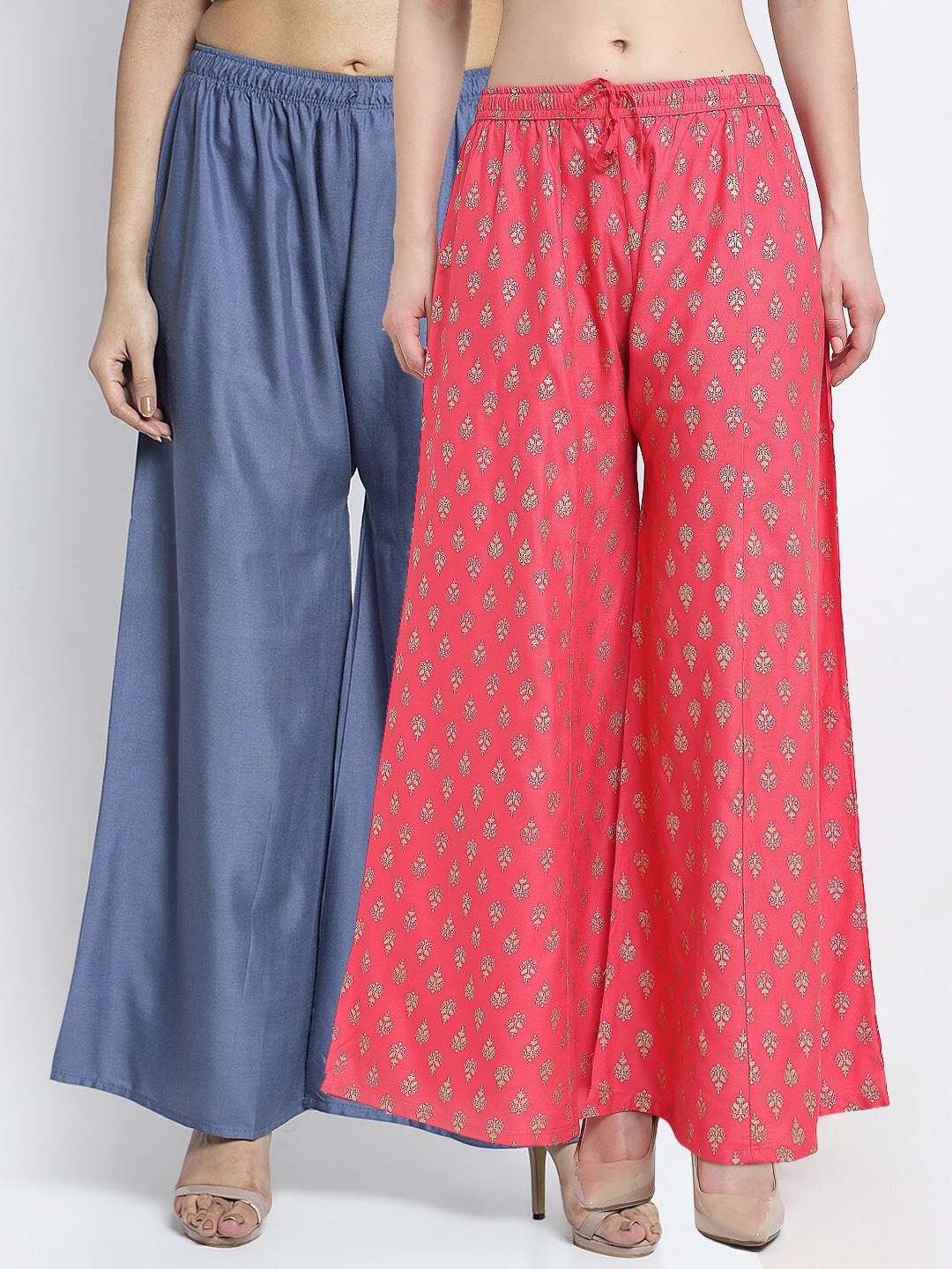 

Jinfo Women Grey & Pink Set Of 2 Printed Flared Knitted Palazzos