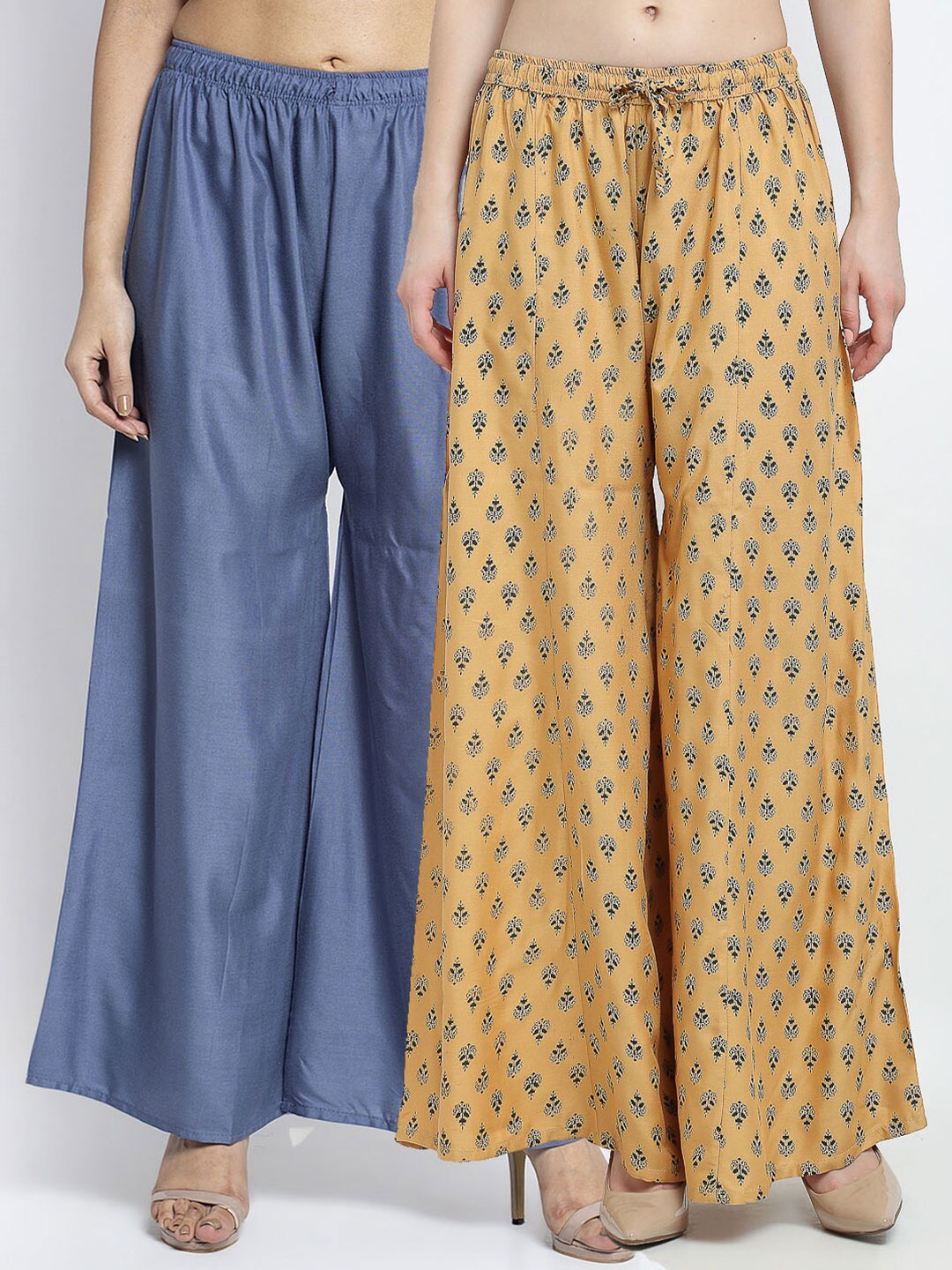 

Jinfo Women Pack of 2 Grey & Beige Ethnic Motifs Printed Flared Ethnic Palazzos