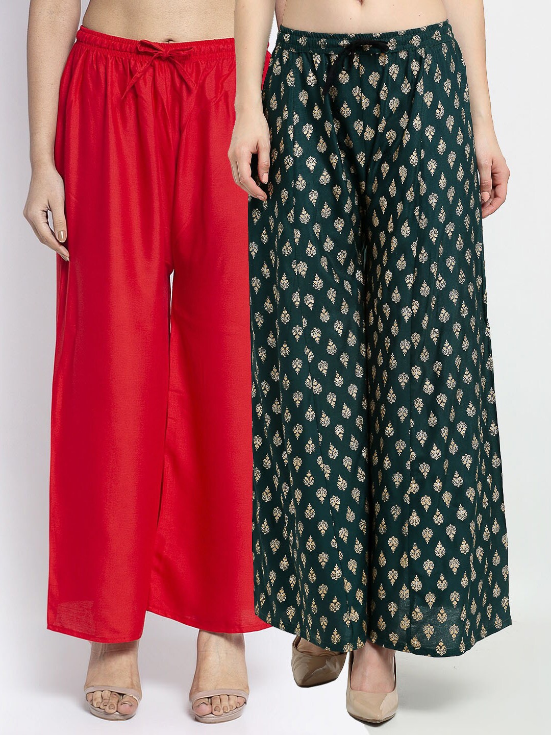 

Jinfo Women Pack Of 2 Red & Green Printed Knitted Ethnic Palazzos