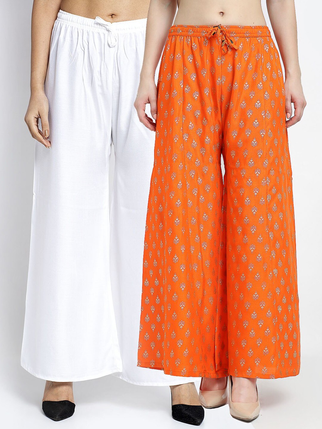 

Jinfo Women Pack of 2 Ethnic Motifs Printed Flared Knitted Ethnic Palazzos, White